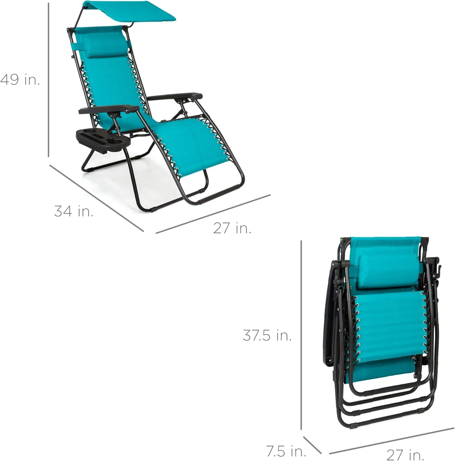 Best Choice Products Folding Zero Gravity Outdoor Recliner Patio Lounge Chair w/Adjustable Canopy Shade, Headrest, Side Accessory Tray, Textilene Mesh - Peacock Blue