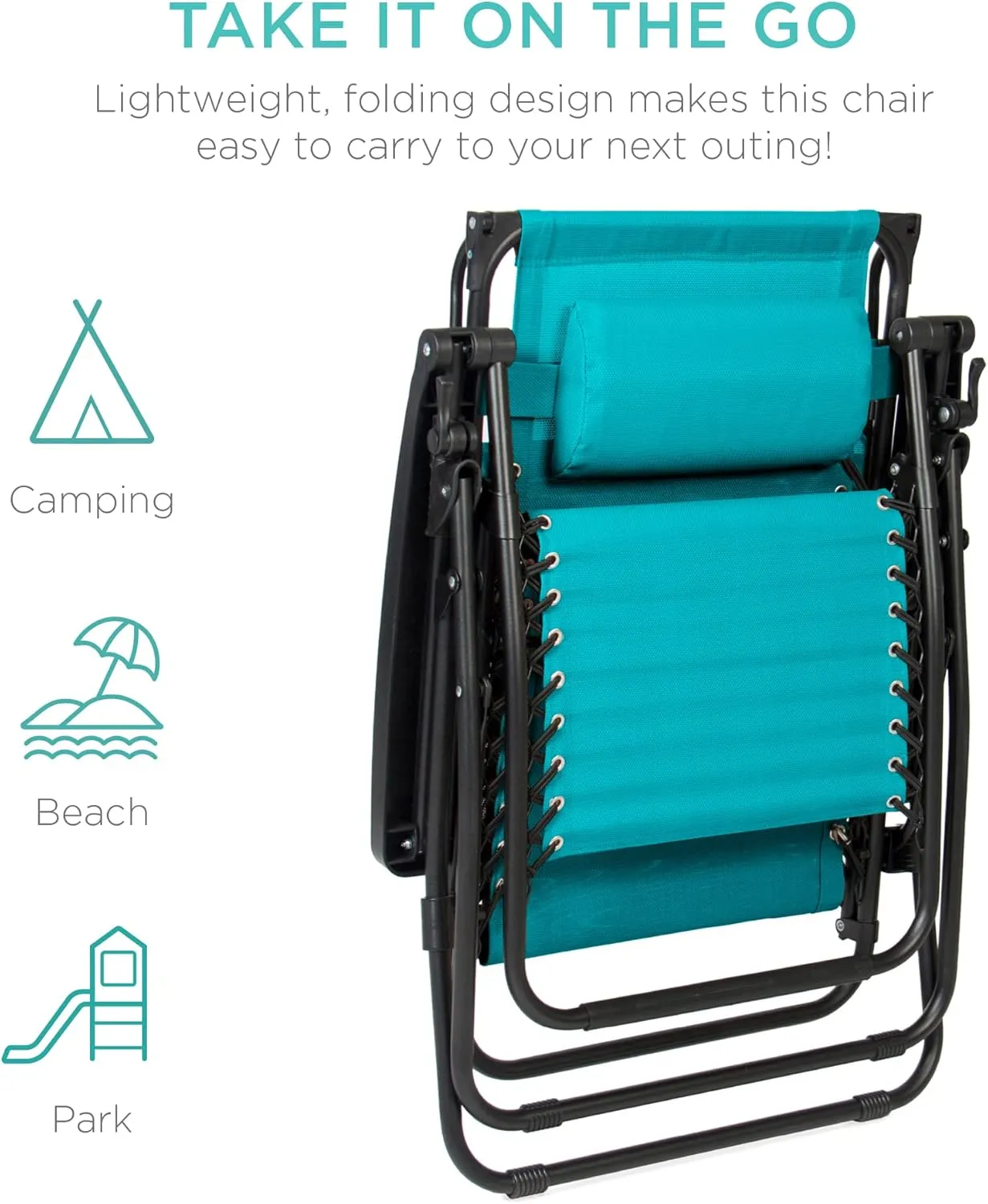 Best Choice Products Folding Zero Gravity Outdoor Recliner Patio Lounge Chair w/Adjustable Canopy Shade, Headrest, Side Accessory Tray, Textilene Mesh - Peacock Blue