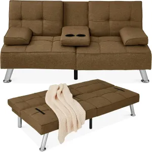 Best Choice Products Linen Modern Folding Futon, Reclining Sofa Bed for Apartment, Dorm w/Removable Armrests, 2 Cupholders - Brown