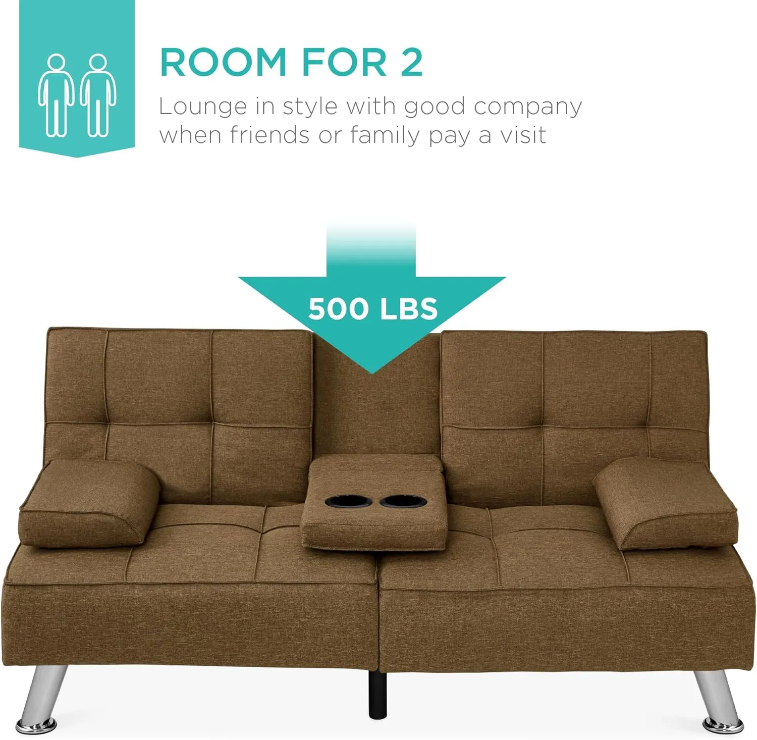 Best Choice Products Linen Modern Folding Futon, Reclining Sofa Bed for Apartment, Dorm w/Removable Armrests, 2 Cupholders - Brown