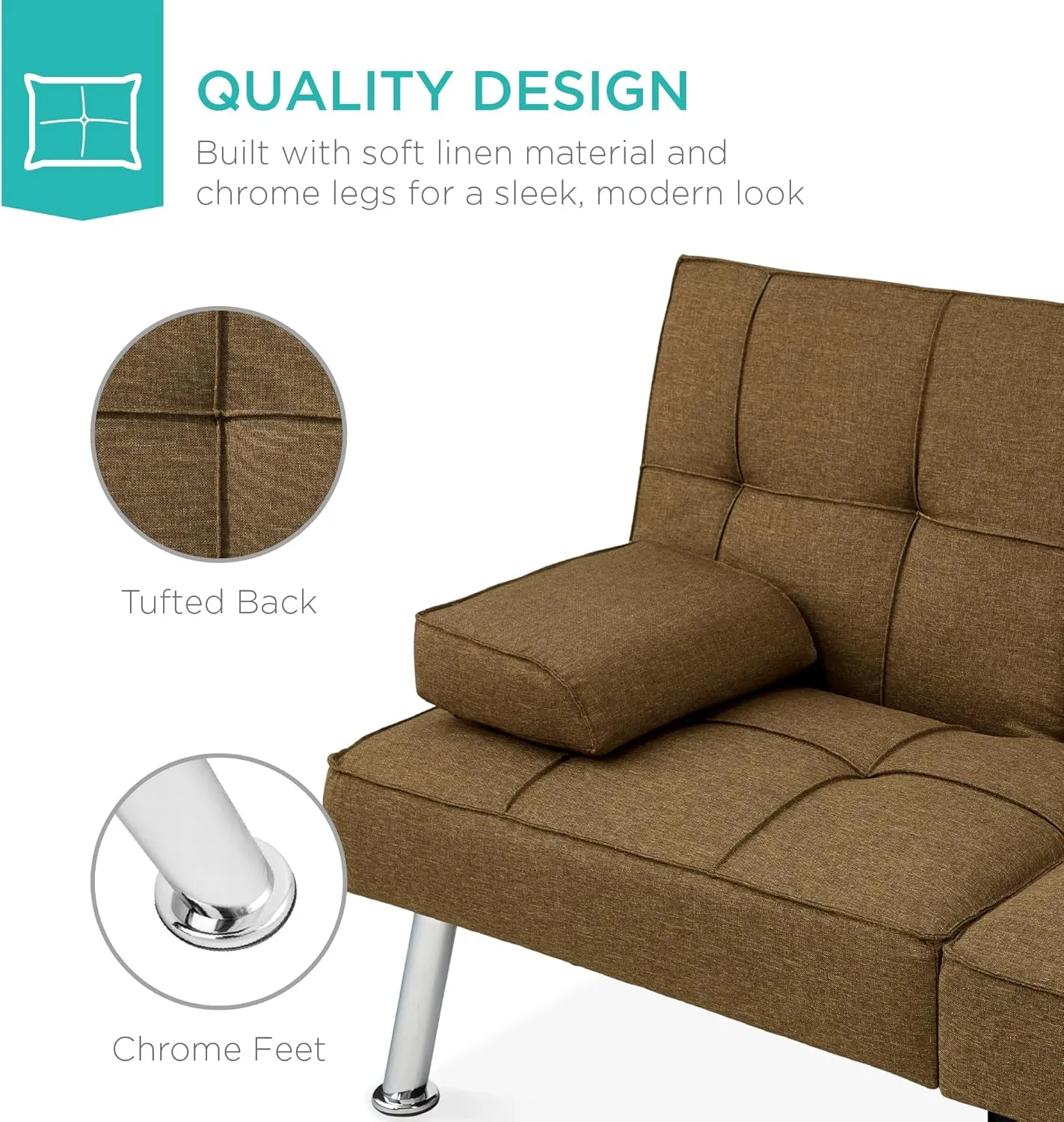 Best Choice Products Linen Modern Folding Futon, Reclining Sofa Bed for Apartment, Dorm w/Removable Armrests, 2 Cupholders - Brown