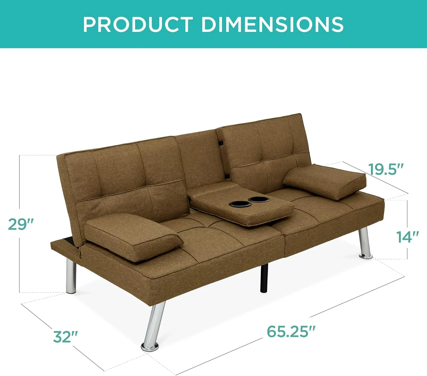 Best Choice Products Linen Modern Folding Futon, Reclining Sofa Bed for Apartment, Dorm w/Removable Armrests, 2 Cupholders - Brown