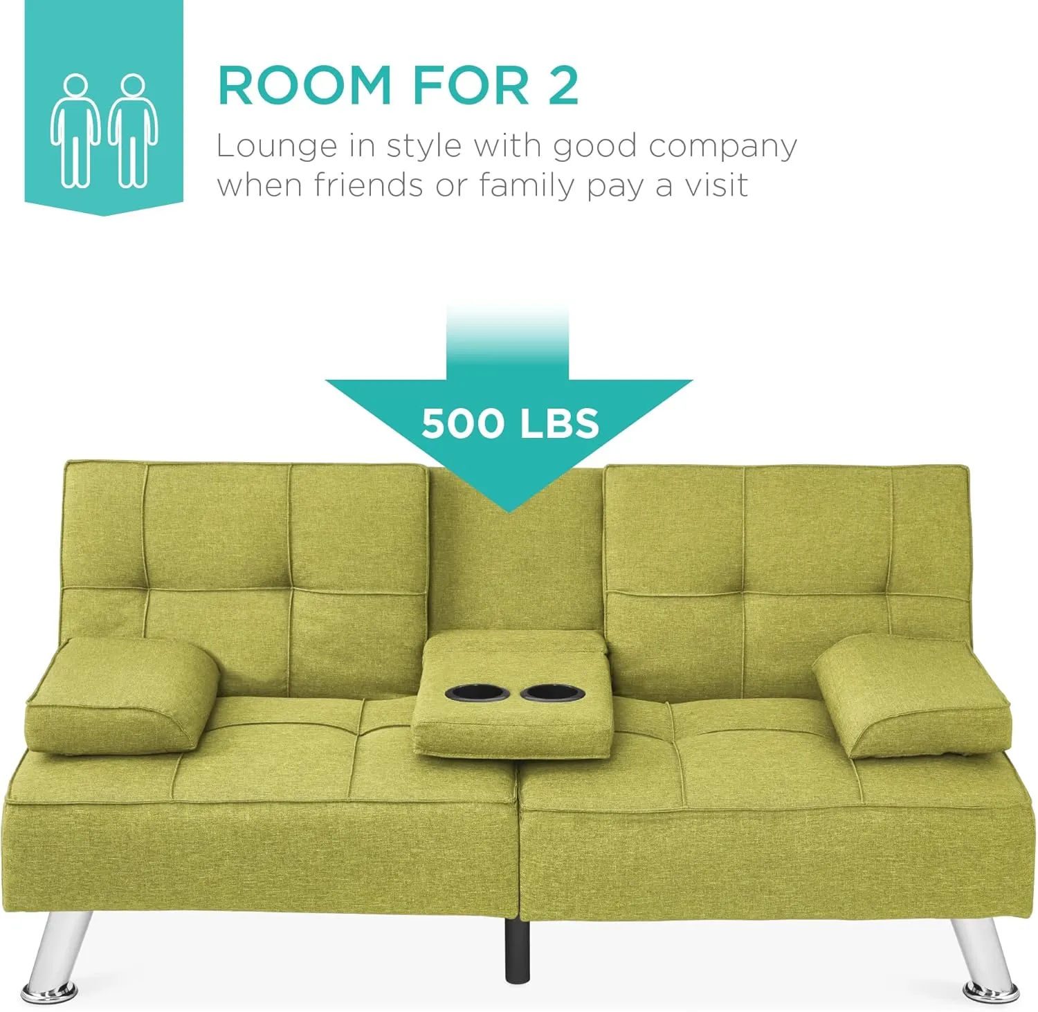 Best Choice Products Linen Modern Folding Futon, Reclining Sofa Bed for Apartment, Dorm w/Removable Armrests, 2 Cupholders - Chartreuse