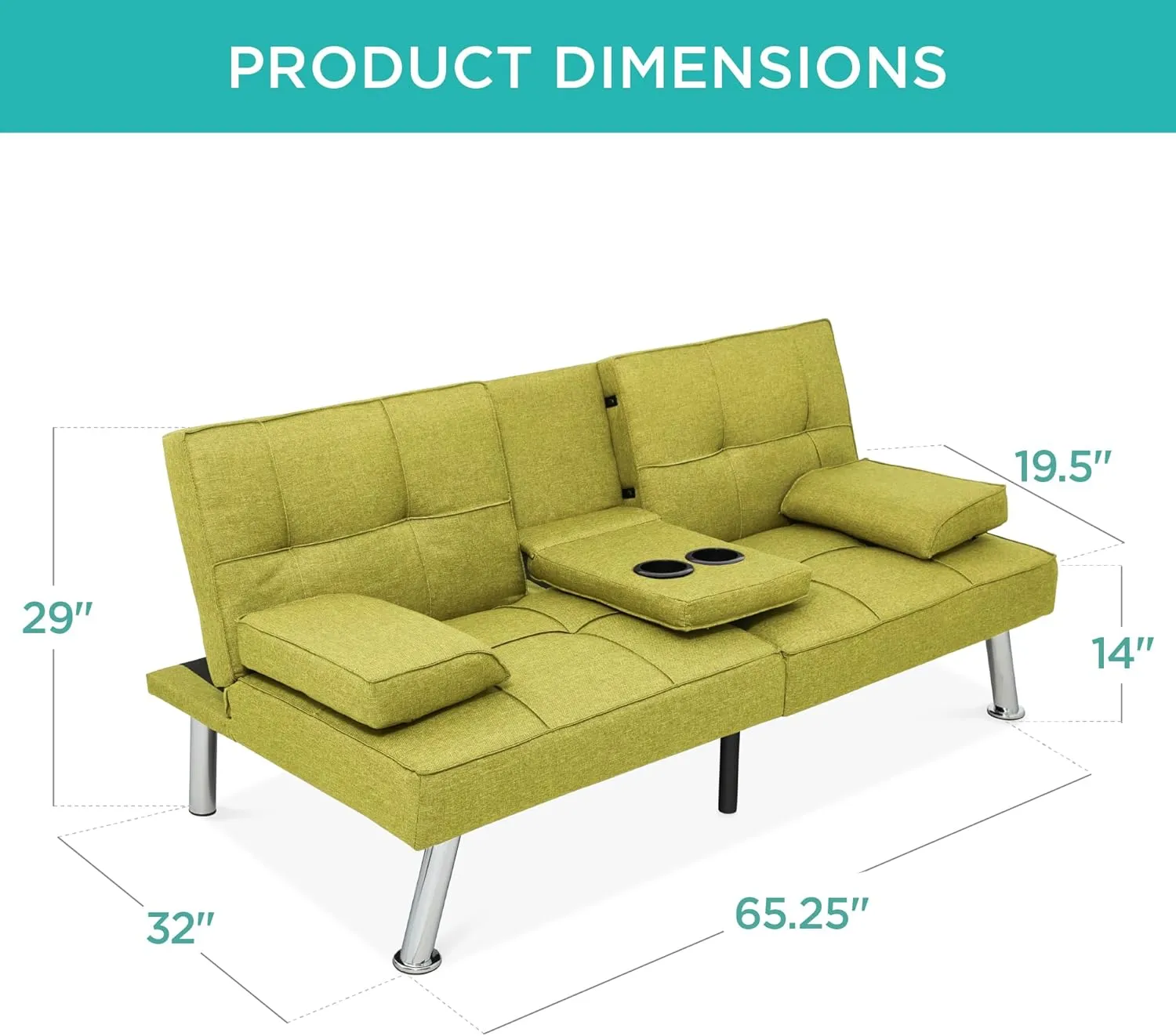 Best Choice Products Linen Modern Folding Futon, Reclining Sofa Bed for Apartment, Dorm w/Removable Armrests, 2 Cupholders - Chartreuse