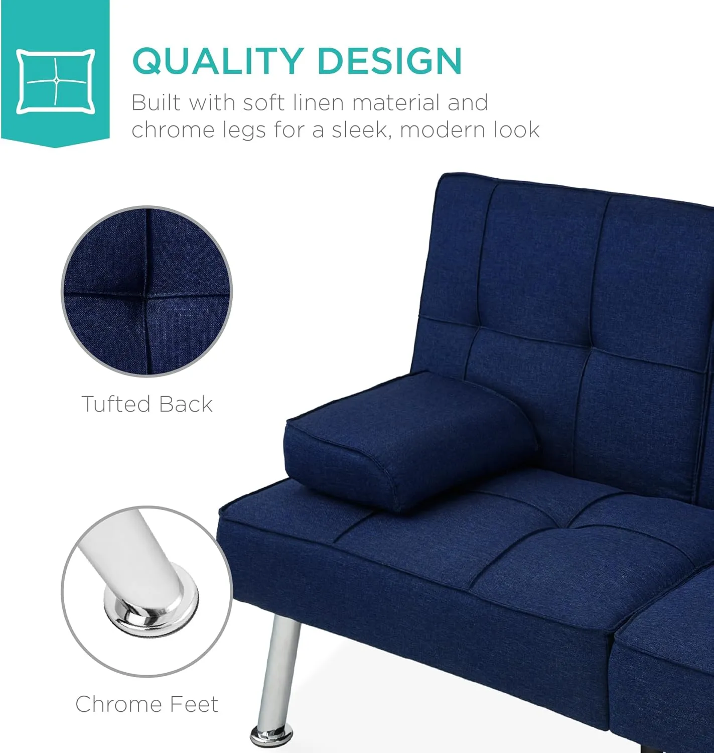 Best Choice Products Linen Modern Folding Futon, Reclining Sofa Bed for Apartment, Dorm w/Removable Armrests, 2 Cupholders - Dark Blue