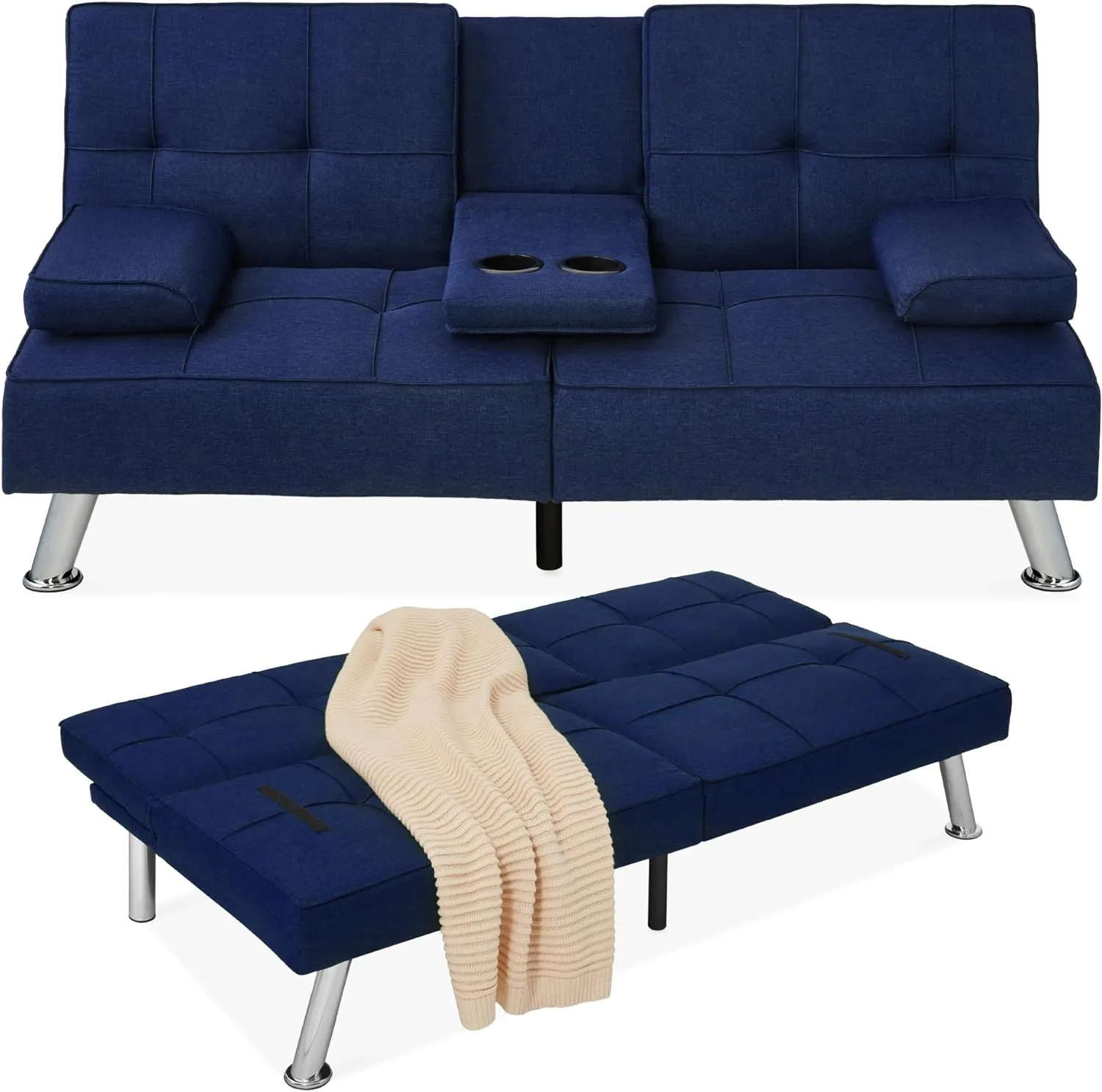 Best Choice Products Linen Modern Folding Futon, Reclining Sofa Bed for Apartment, Dorm w/Removable Armrests, 2 Cupholders - Dark Blue