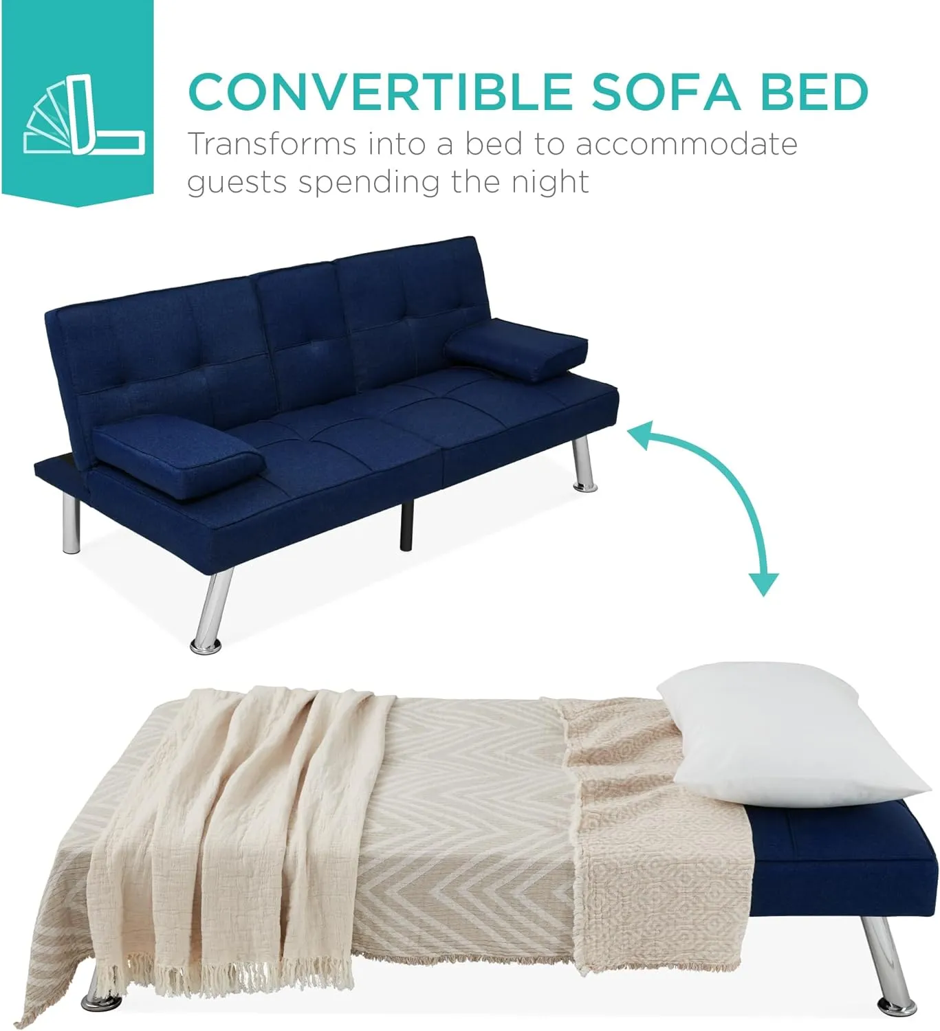 Best Choice Products Linen Modern Folding Futon, Reclining Sofa Bed for Apartment, Dorm w/Removable Armrests, 2 Cupholders - Dark Blue