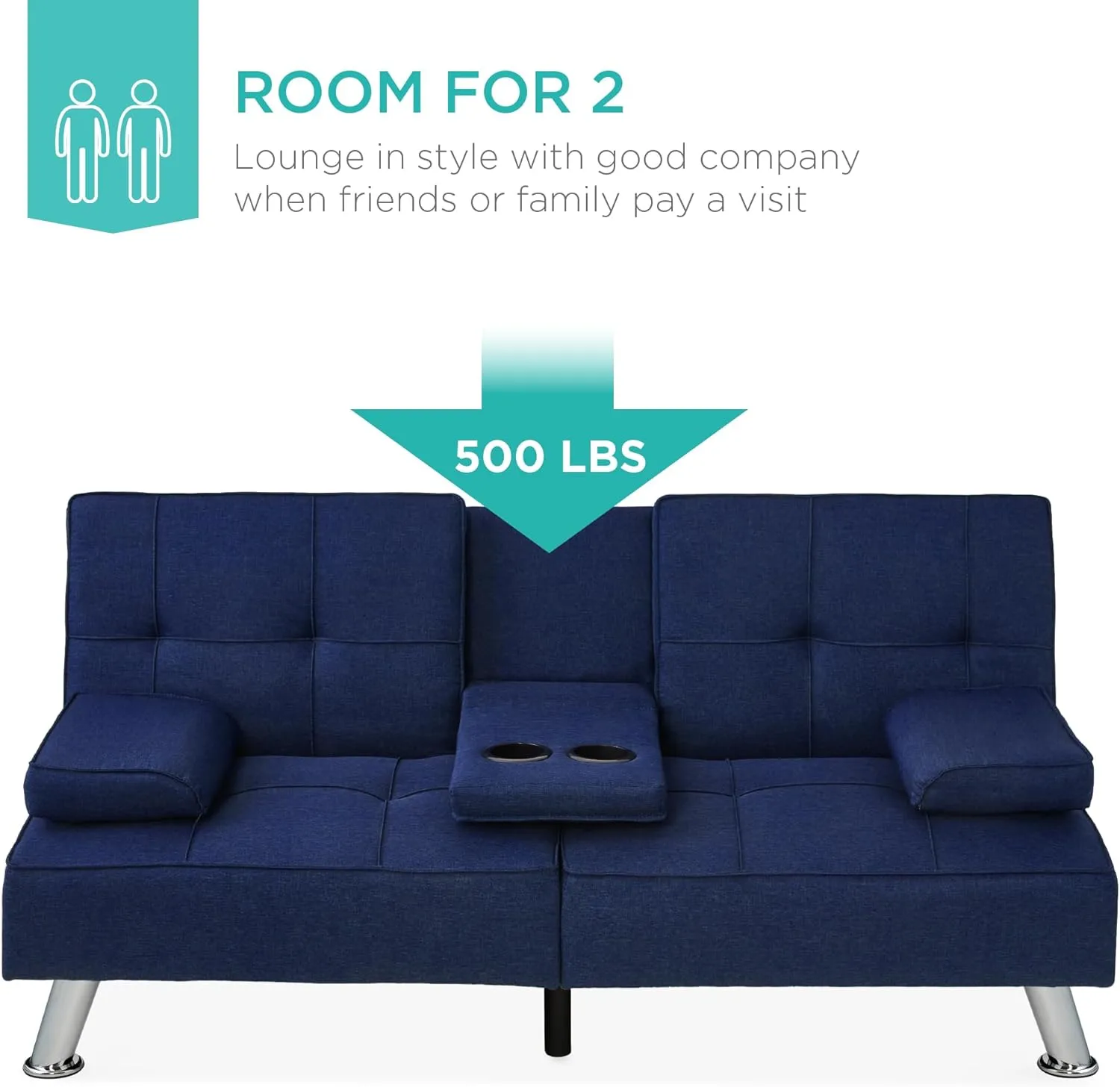 Best Choice Products Linen Modern Folding Futon, Reclining Sofa Bed for Apartment, Dorm w/Removable Armrests, 2 Cupholders - Dark Blue