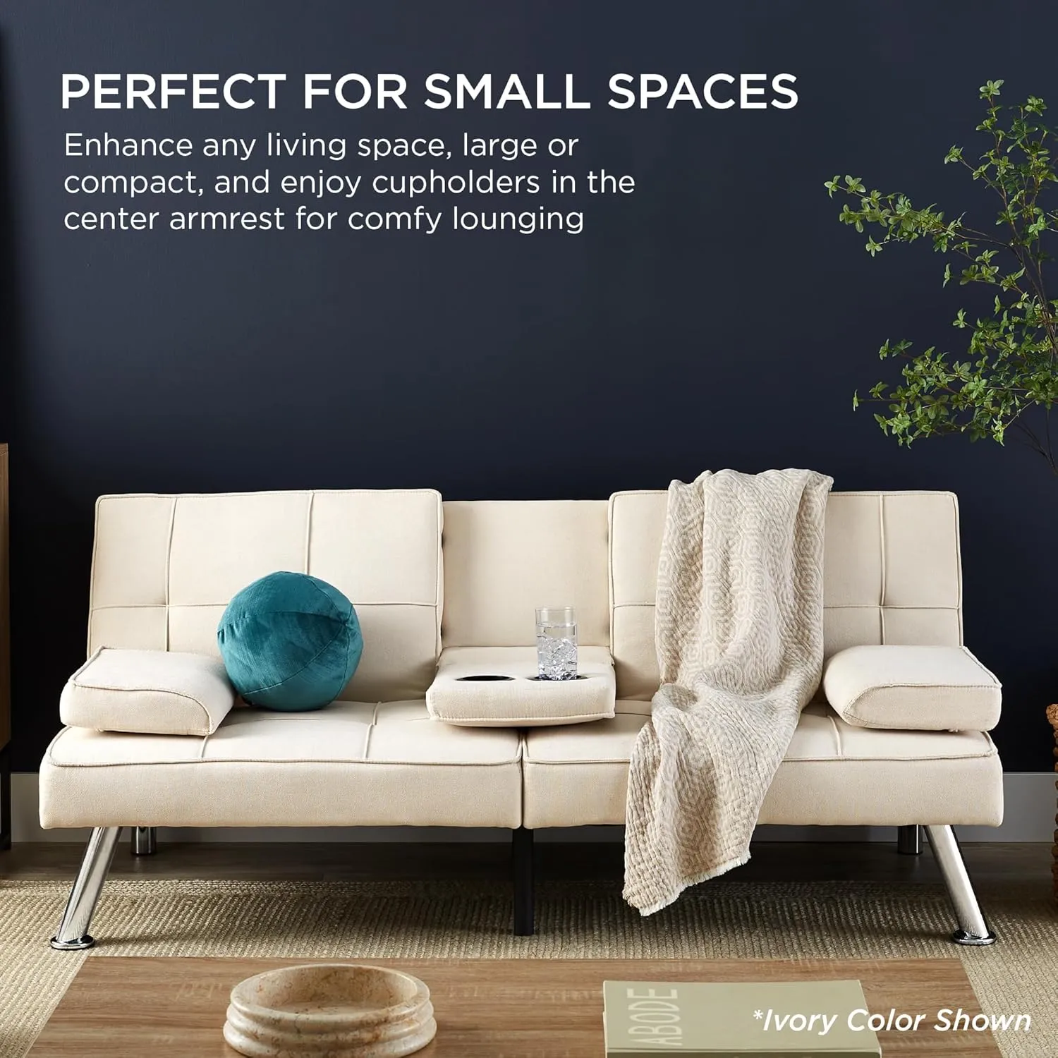 Best Choice Products Linen Modern Folding Futon, Reclining Sofa Bed for Apartment, Dorm w/Removable Armrests, 2 Cupholders - Dark Blue