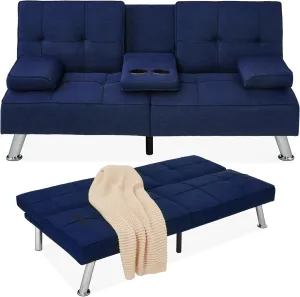 Best Choice Products Linen Modern Folding Futon, Reclining Sofa Bed for Apartment, Dorm w/Removable Armrests, 2 Cupholders - Dark Blue