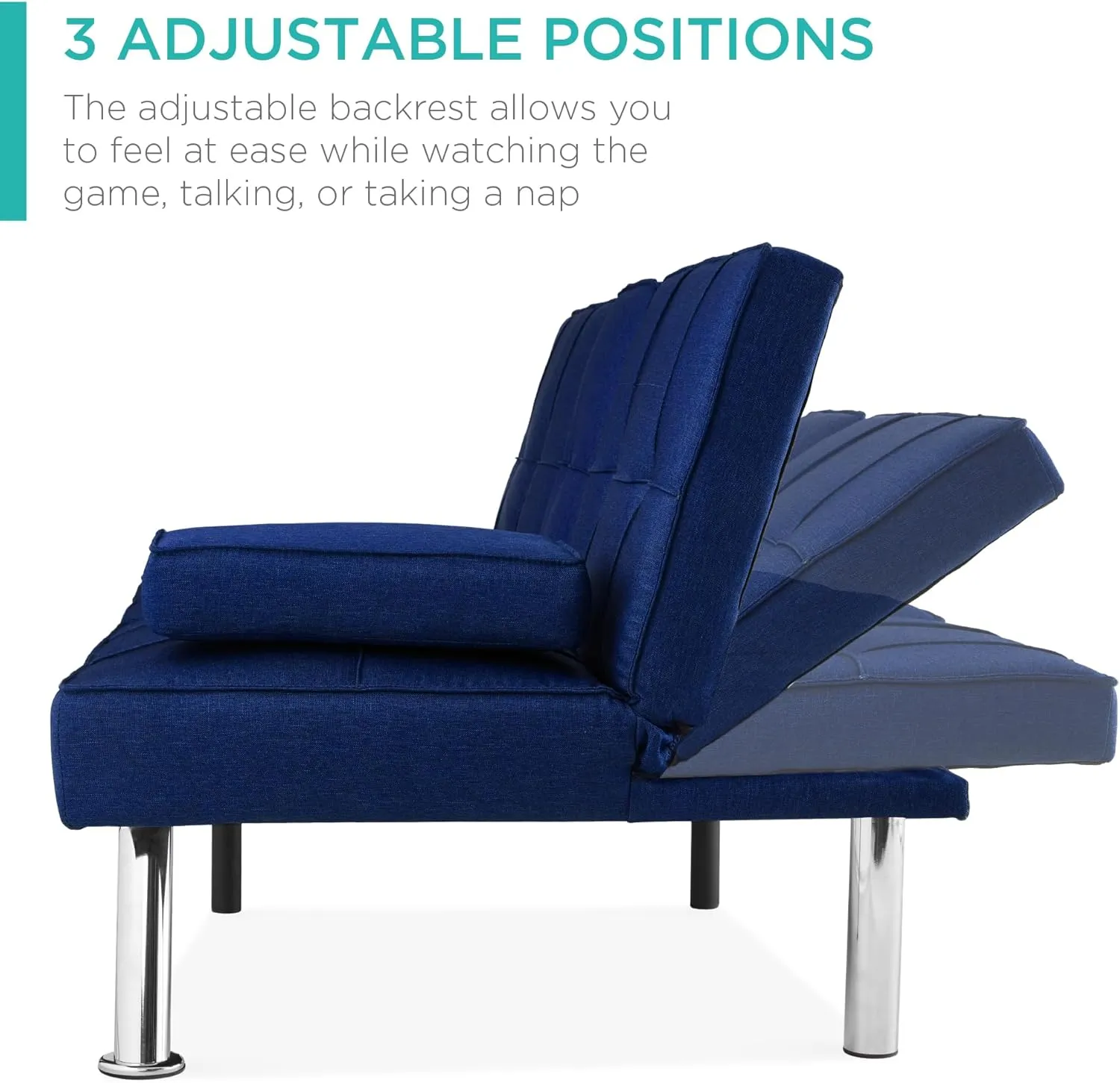 Best Choice Products Linen Modern Folding Futon, Reclining Sofa Bed for Apartment, Dorm w/Removable Armrests, 2 Cupholders - Dark Blue