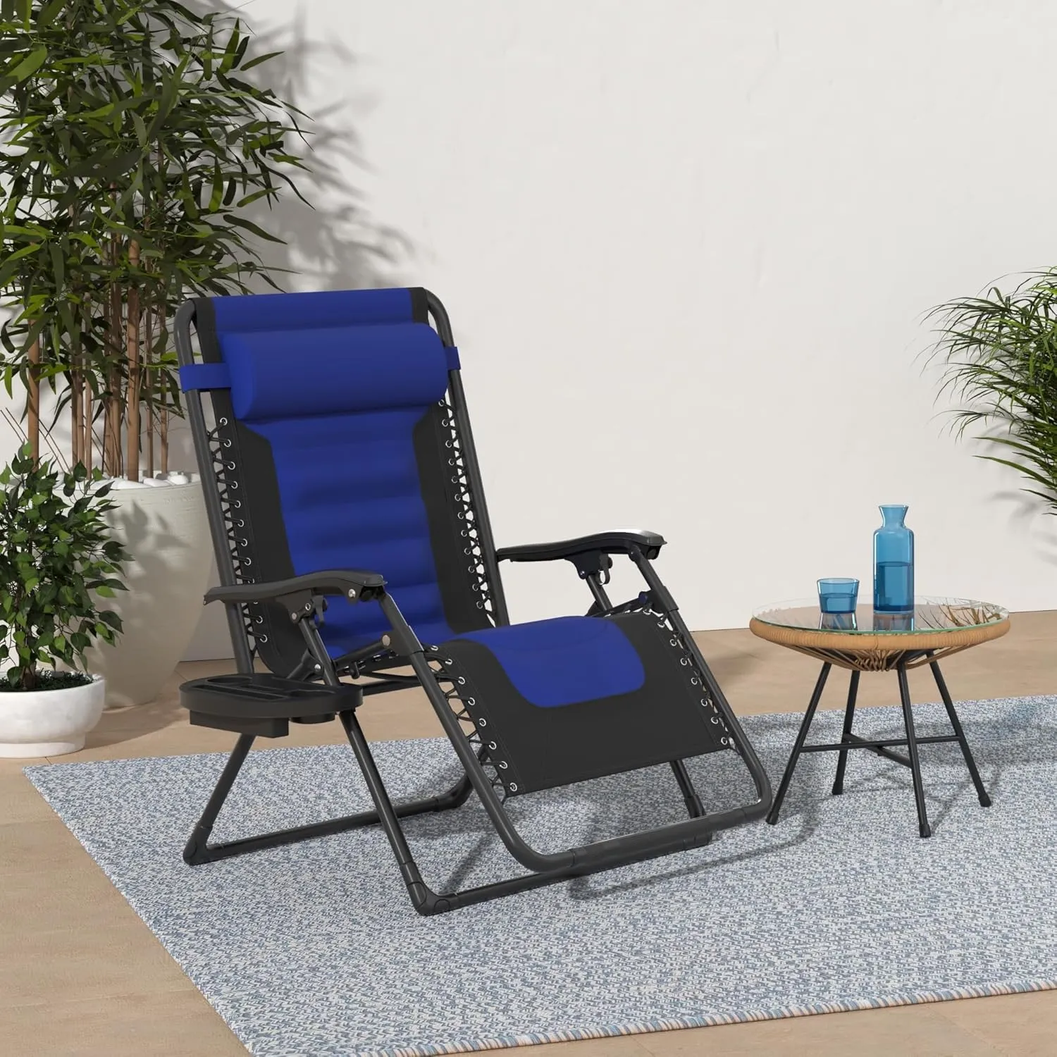 Best Choice Products Oversized Padded Zero Gravity Chair, Folding Outdoor Patio Recliner, XL Anti Gravity Lounger for Backyard w/Headrest, Cup Holder, Side Tray, Polyester Mesh - Black/Blue