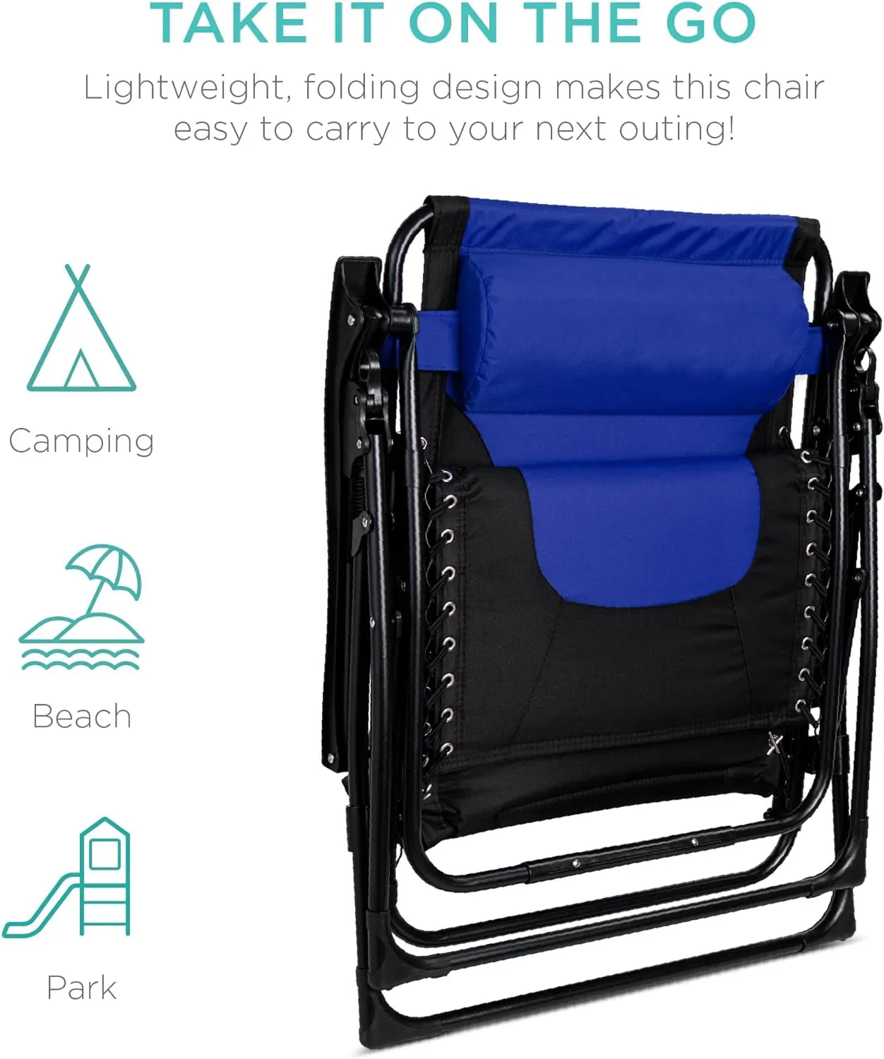 Best Choice Products Oversized Padded Zero Gravity Chair, Folding Outdoor Patio Recliner, XL Anti Gravity Lounger for Backyard w/Headrest, Cup Holder, Side Tray, Polyester Mesh - Black/Blue