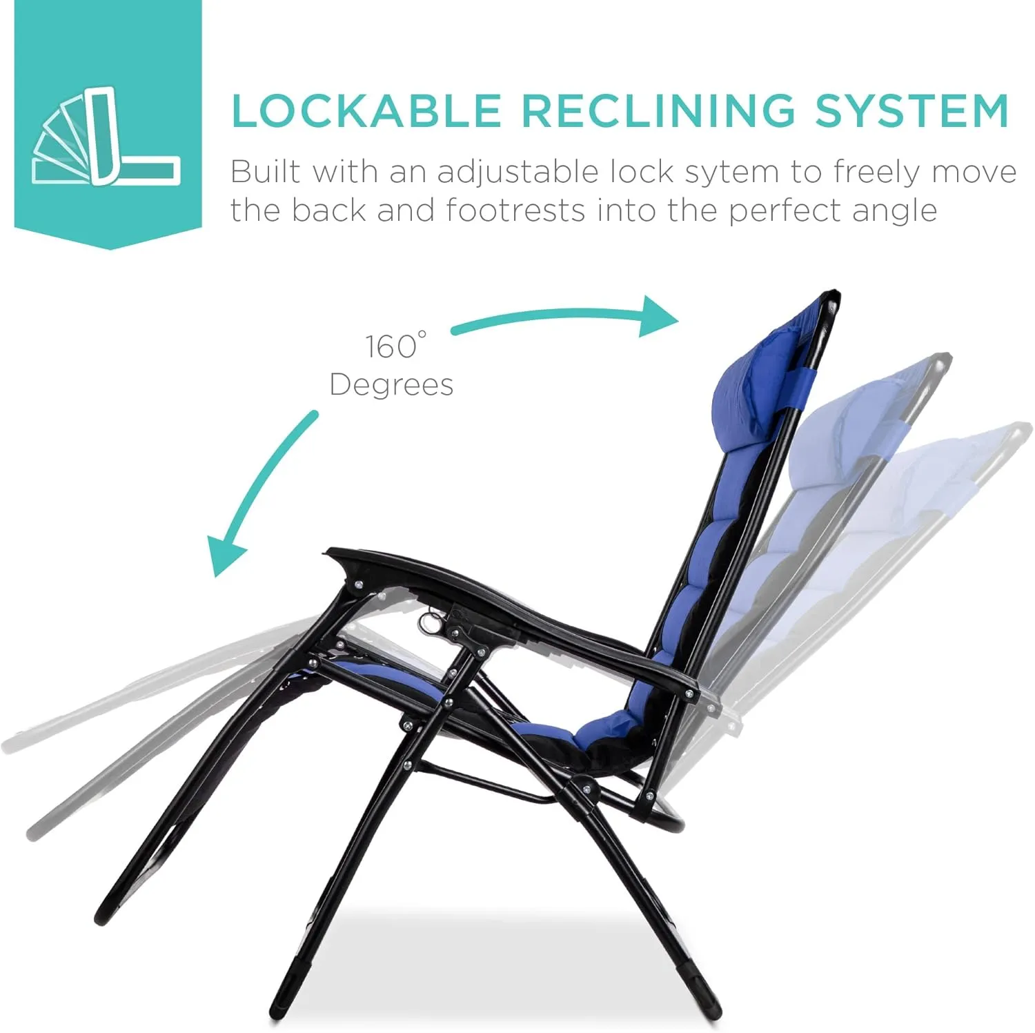 Best Choice Products Oversized Padded Zero Gravity Chair, Folding Outdoor Patio Recliner, XL Anti Gravity Lounger for Backyard w/Headrest, Cup Holder, Side Tray, Polyester Mesh - Black/Blue