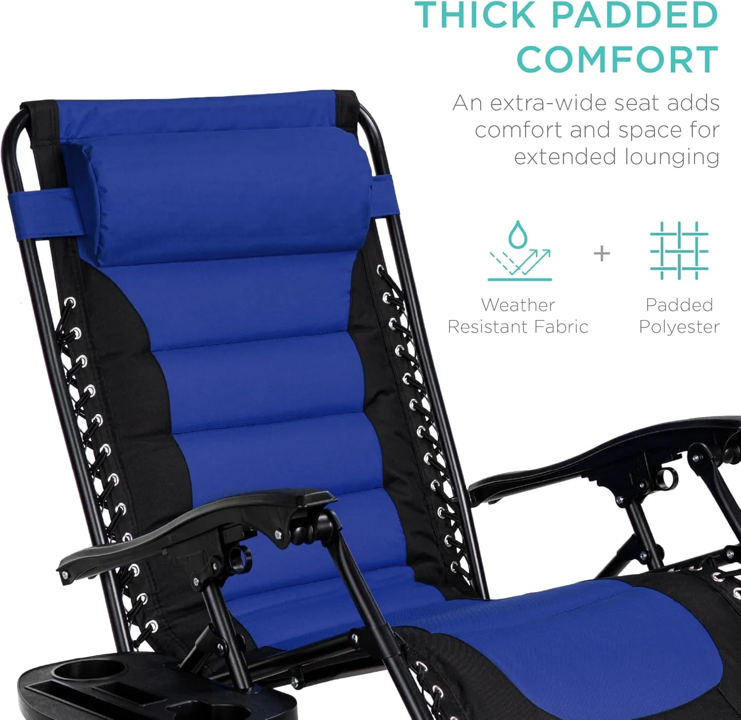 Best Choice Products Oversized Padded Zero Gravity Chair, Folding Outdoor Patio Recliner, XL Anti Gravity Lounger for Backyard w/Headrest, Cup Holder, Side Tray, Polyester Mesh - Black/Blue