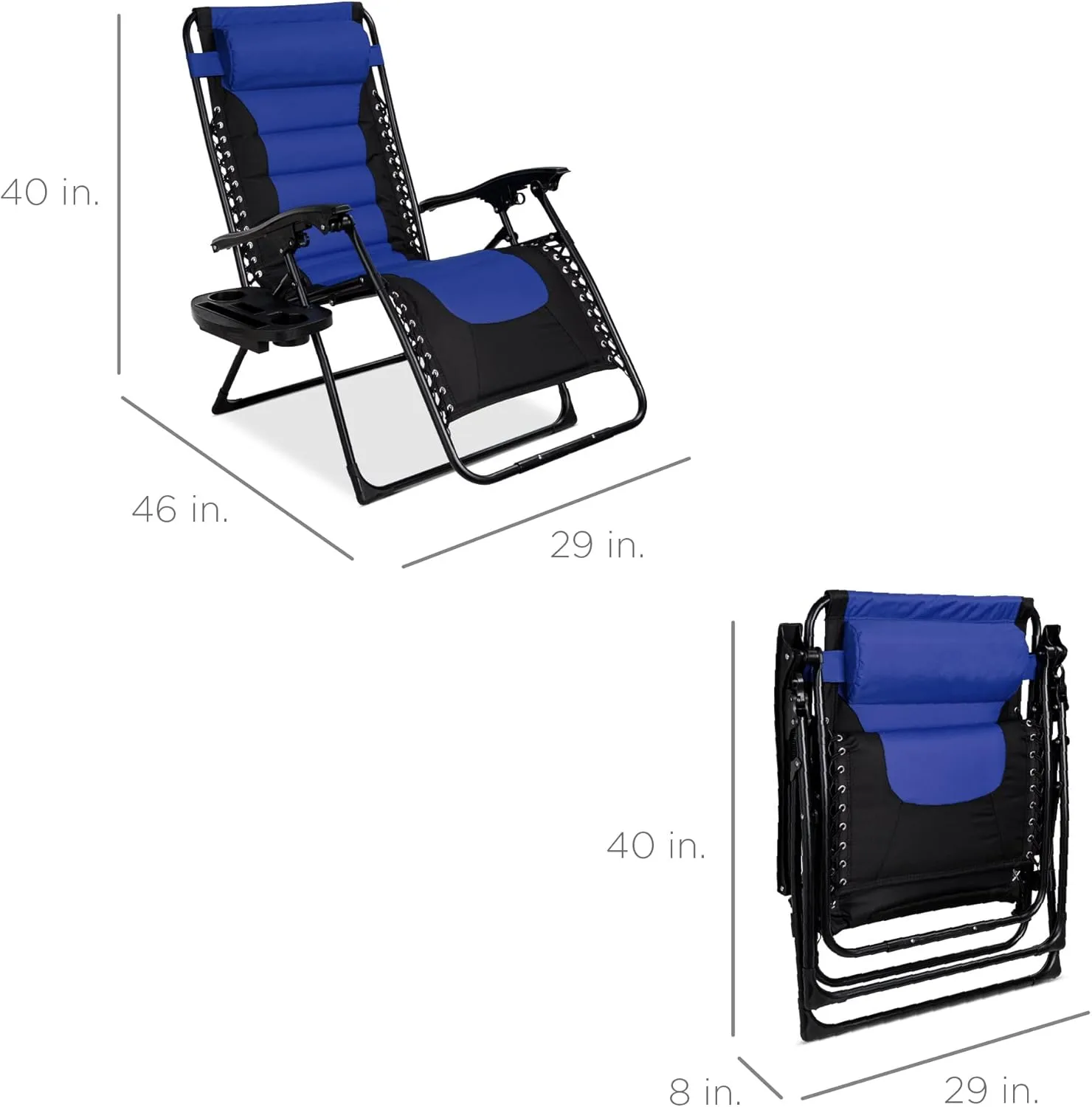 Best Choice Products Oversized Padded Zero Gravity Chair, Folding Outdoor Patio Recliner, XL Anti Gravity Lounger for Backyard w/Headrest, Cup Holder, Side Tray, Polyester Mesh - Black/Blue