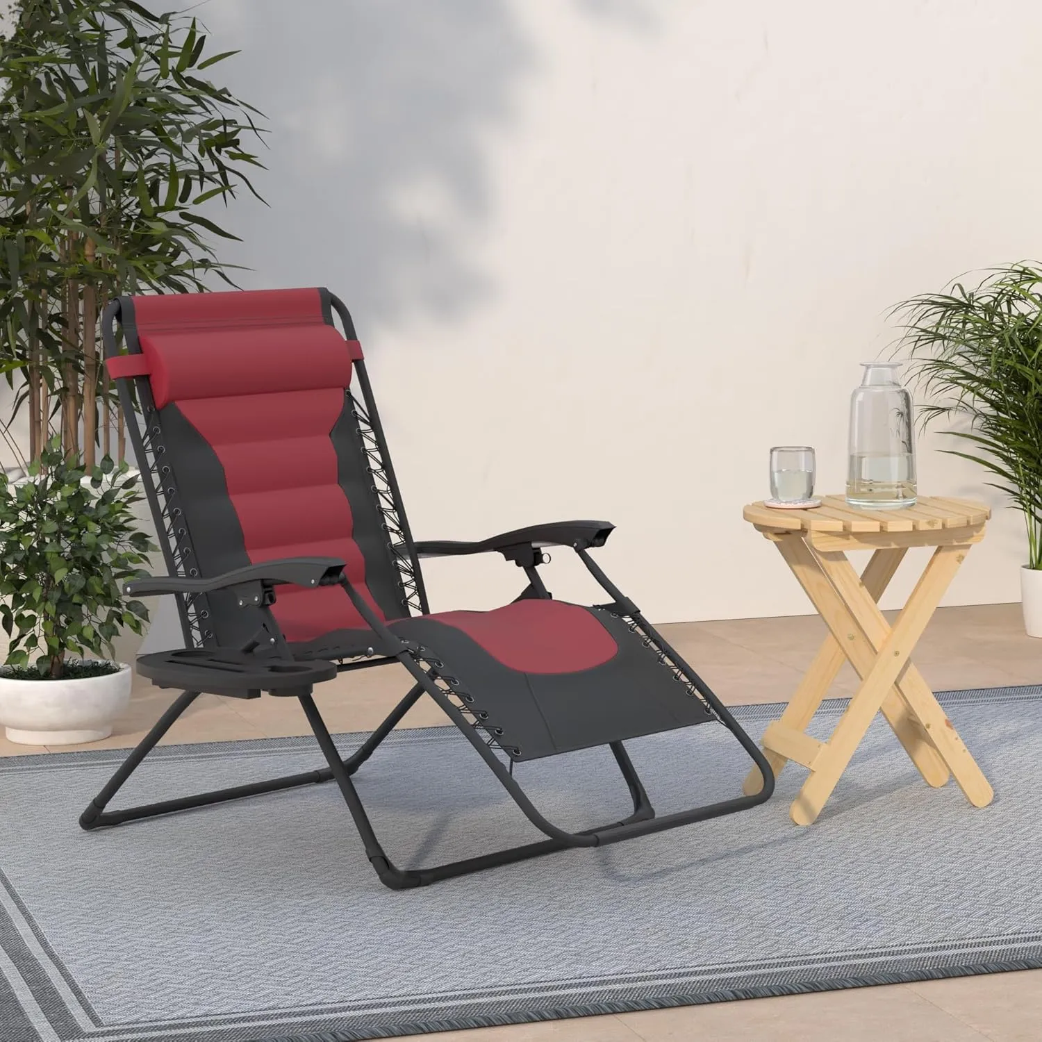 Best Choice Products Oversized Padded Zero Gravity Chair, Folding Outdoor Patio Recliner, XL Anti Gravity Lounger for Backyard w/Headrest, Cup Holder, Side Tray, Polyester Mesh - Black/Burgundy