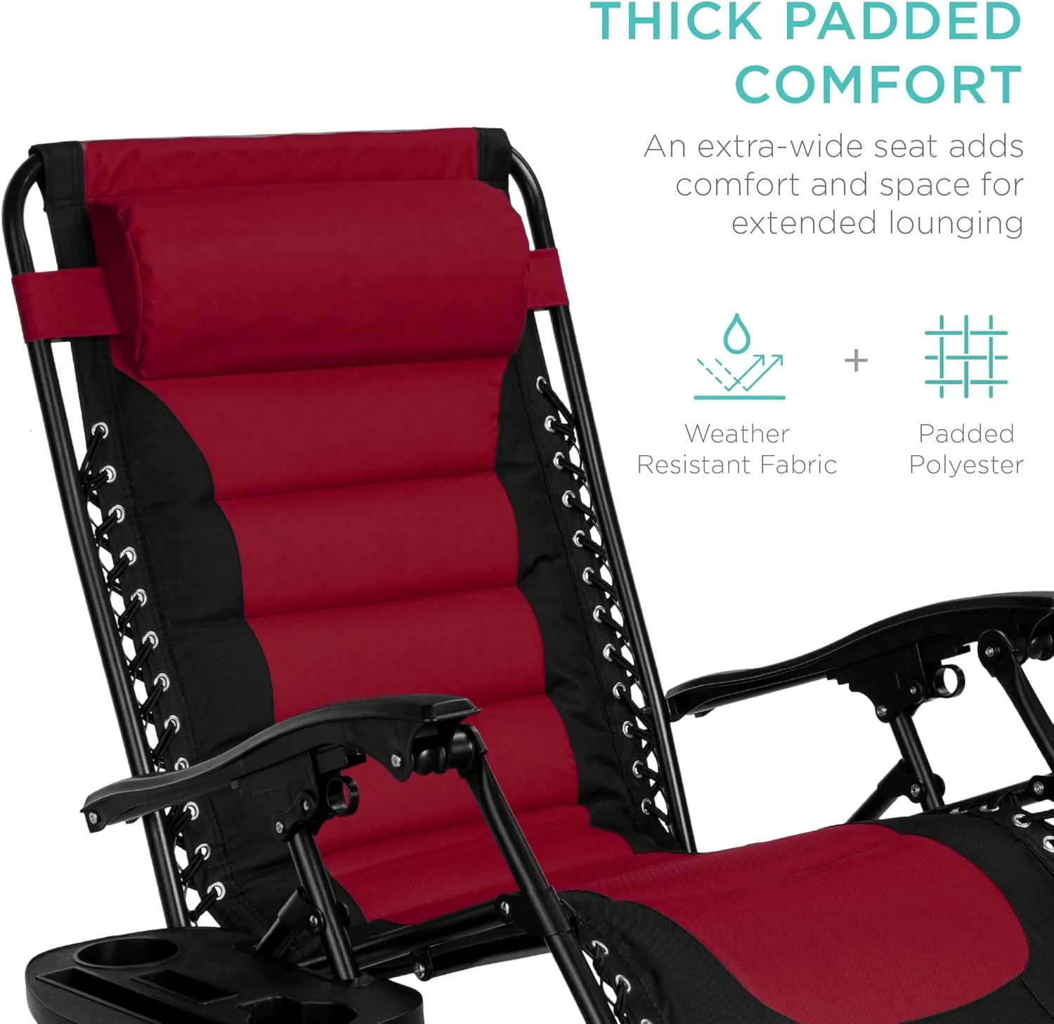 Best Choice Products Oversized Padded Zero Gravity Chair, Folding Outdoor Patio Recliner, XL Anti Gravity Lounger for Backyard w/Headrest, Cup Holder, Side Tray, Polyester Mesh - Black/Burgundy