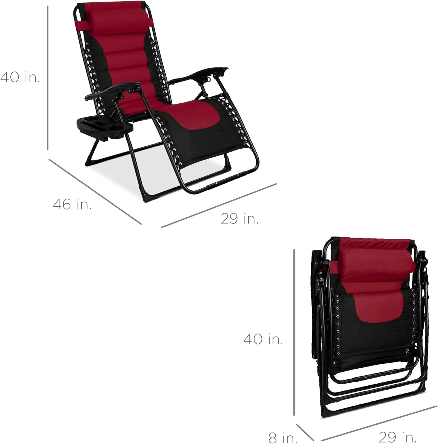 Best Choice Products Oversized Padded Zero Gravity Chair, Folding Outdoor Patio Recliner, XL Anti Gravity Lounger for Backyard w/Headrest, Cup Holder, Side Tray, Polyester Mesh - Black/Burgundy