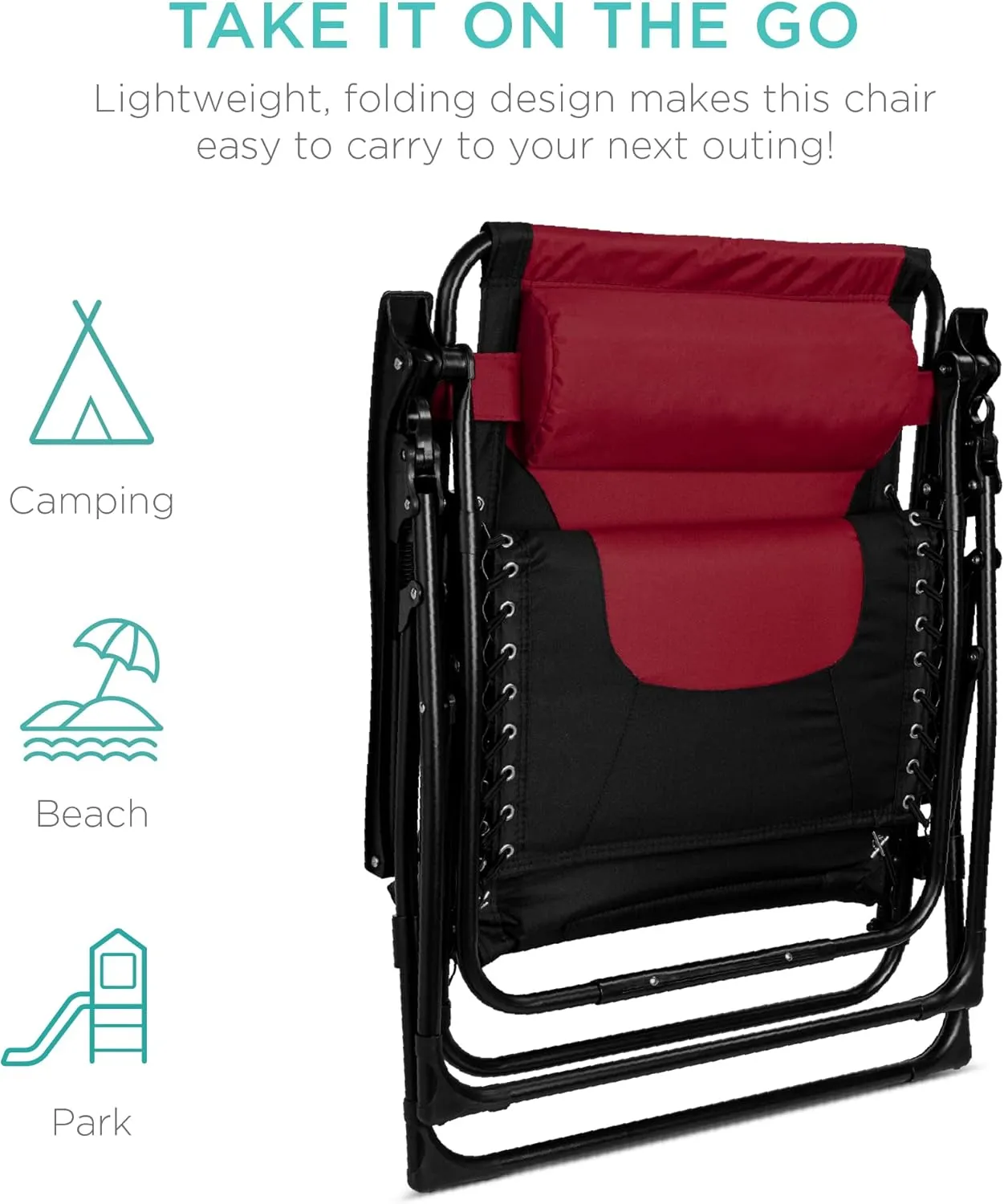 Best Choice Products Oversized Padded Zero Gravity Chair, Folding Outdoor Patio Recliner, XL Anti Gravity Lounger for Backyard w/Headrest, Cup Holder, Side Tray, Polyester Mesh - Black/Burgundy