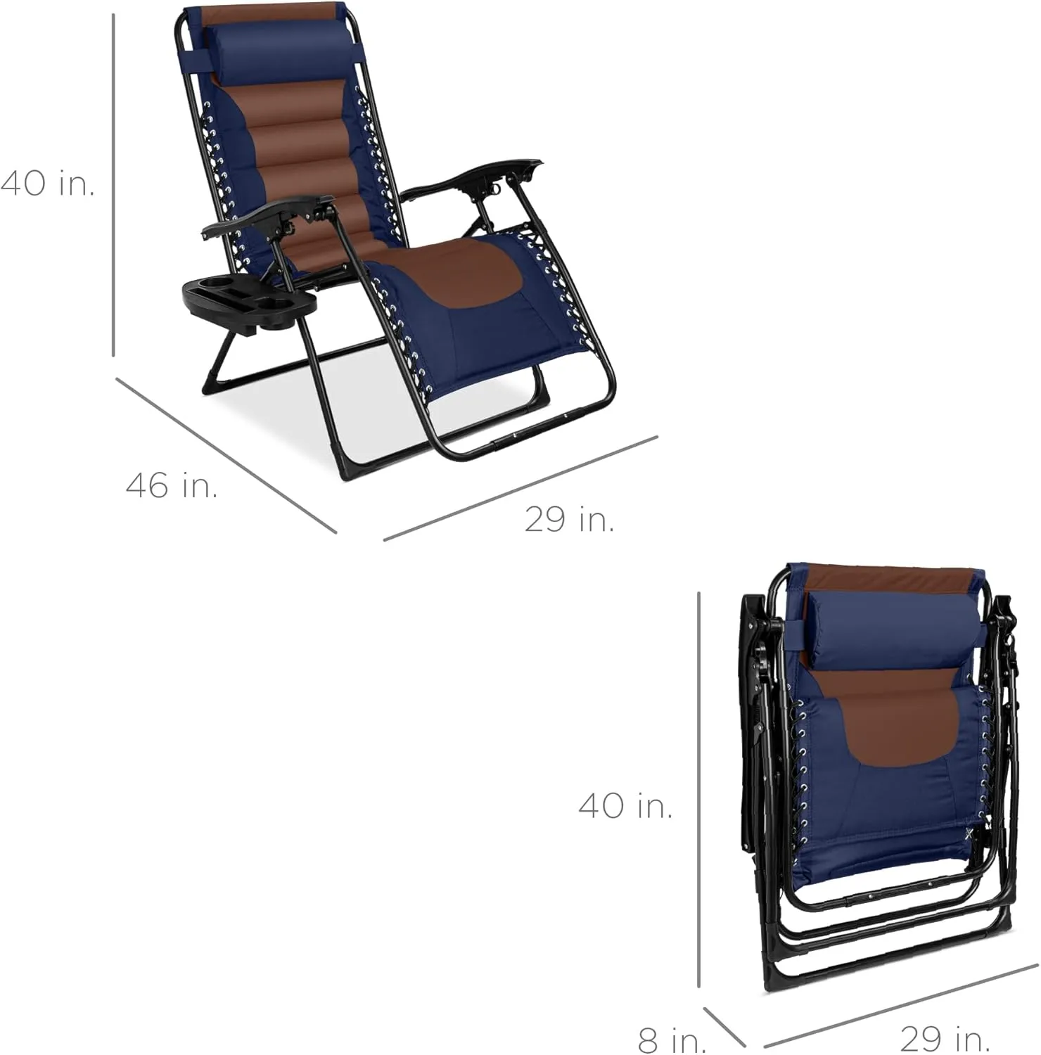 Best Choice Products Oversized Padded Zero Gravity Chair, Folding Outdoor Patio Recliner, XL Anti Gravity Lounger for Backyard w/Headrest, Cup Holder, Side Tray, Polyester Mesh - Navy/Brown