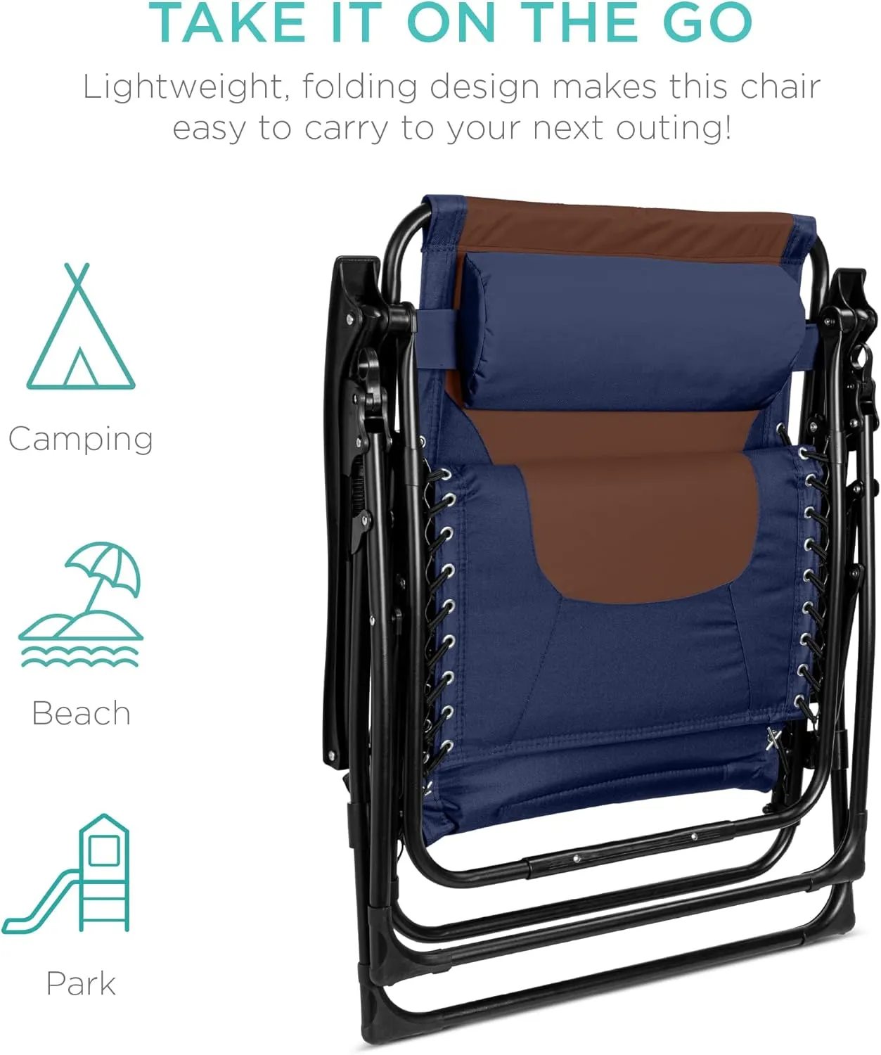 Best Choice Products Oversized Padded Zero Gravity Chair, Folding Outdoor Patio Recliner, XL Anti Gravity Lounger for Backyard w/Headrest, Cup Holder, Side Tray, Polyester Mesh - Navy/Brown