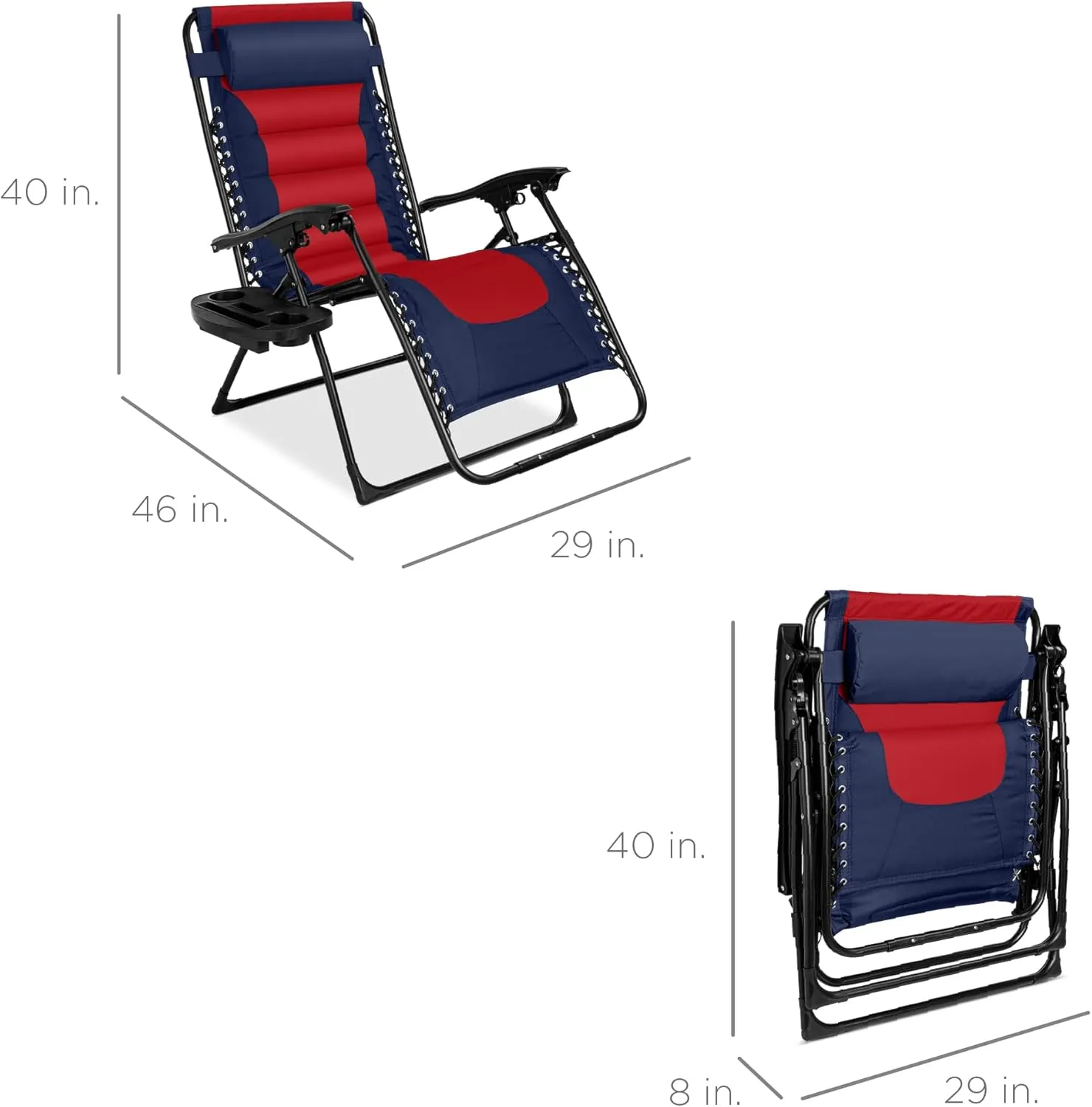 Best Choice Products Oversized Padded Zero Gravity Chair, Folding Outdoor Patio Recliner, XL Anti Gravity Lounger for Backyard w/Headrest, Cup Holder, Side Tray, Polyester Mesh - Navy/Red