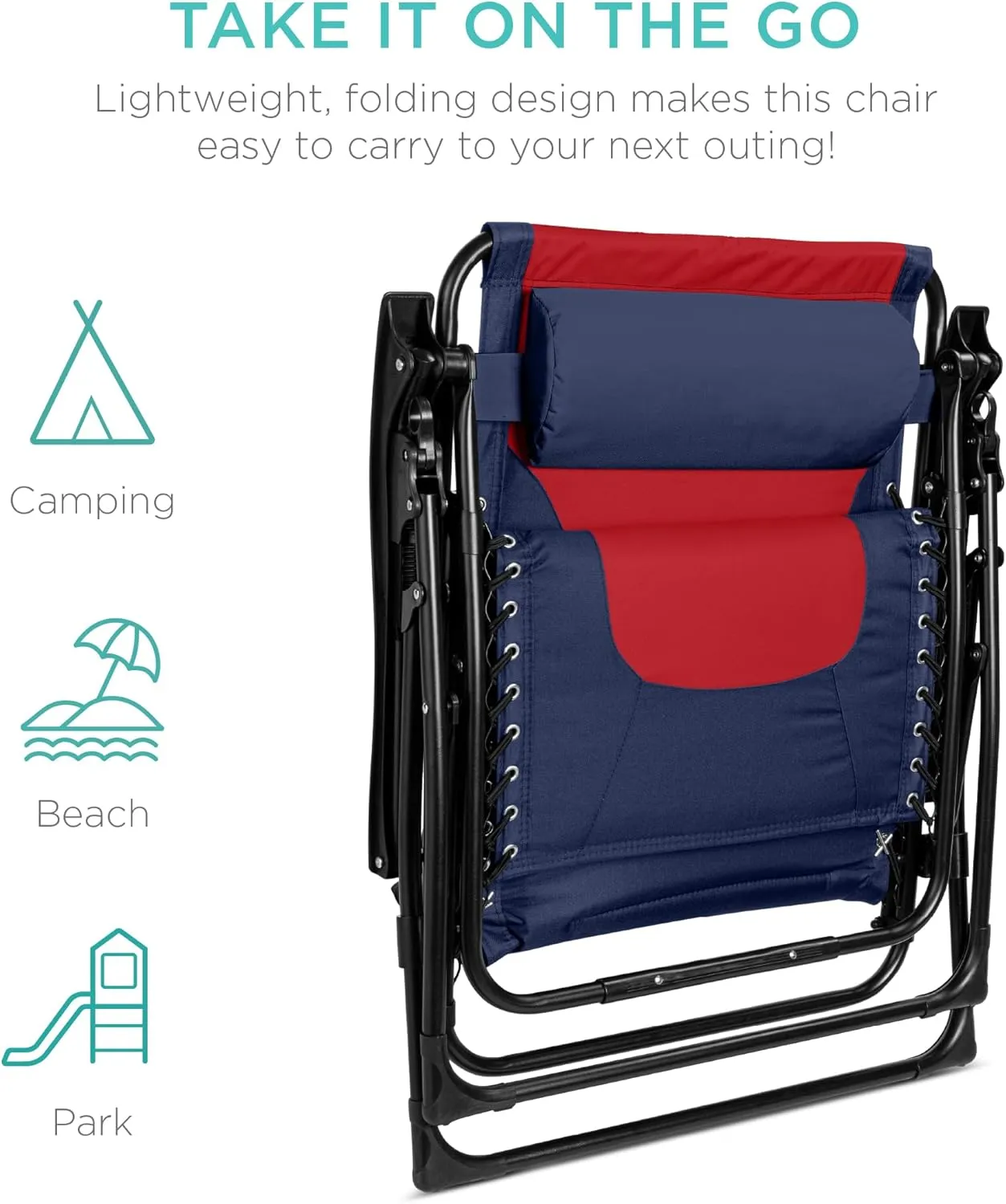 Best Choice Products Oversized Padded Zero Gravity Chair, Folding Outdoor Patio Recliner, XL Anti Gravity Lounger for Backyard w/Headrest, Cup Holder, Side Tray, Polyester Mesh - Navy/Red