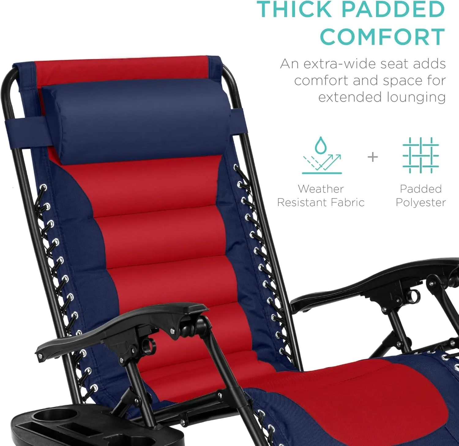 Best Choice Products Oversized Padded Zero Gravity Chair, Folding Outdoor Patio Recliner, XL Anti Gravity Lounger for Backyard w/Headrest, Cup Holder, Side Tray, Polyester Mesh - Navy/Red