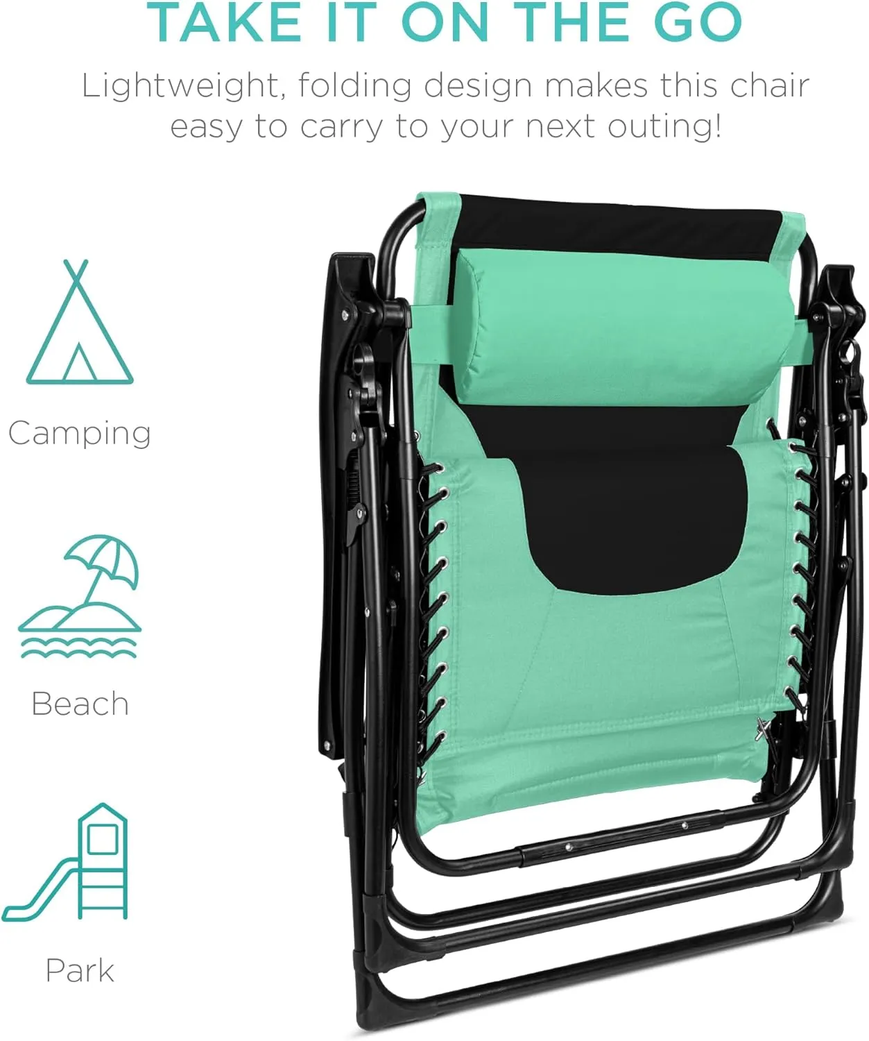 Best Choice Products Oversized Padded Zero Gravity Chair, Folding Outdoor Patio Recliner, XL Anti Gravity Lounger for Backyard w/Headrest, Cup Holder, Side Tray, Polyester Mesh - Seafoam Green/Black