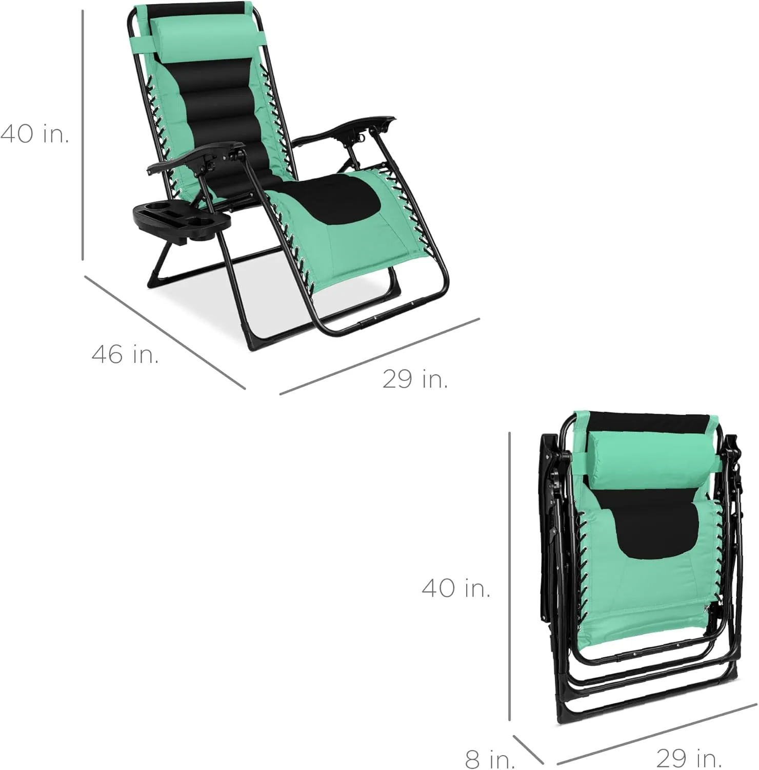 Best Choice Products Oversized Padded Zero Gravity Chair, Folding Outdoor Patio Recliner, XL Anti Gravity Lounger for Backyard w/Headrest, Cup Holder, Side Tray, Polyester Mesh - Seafoam Green/Black