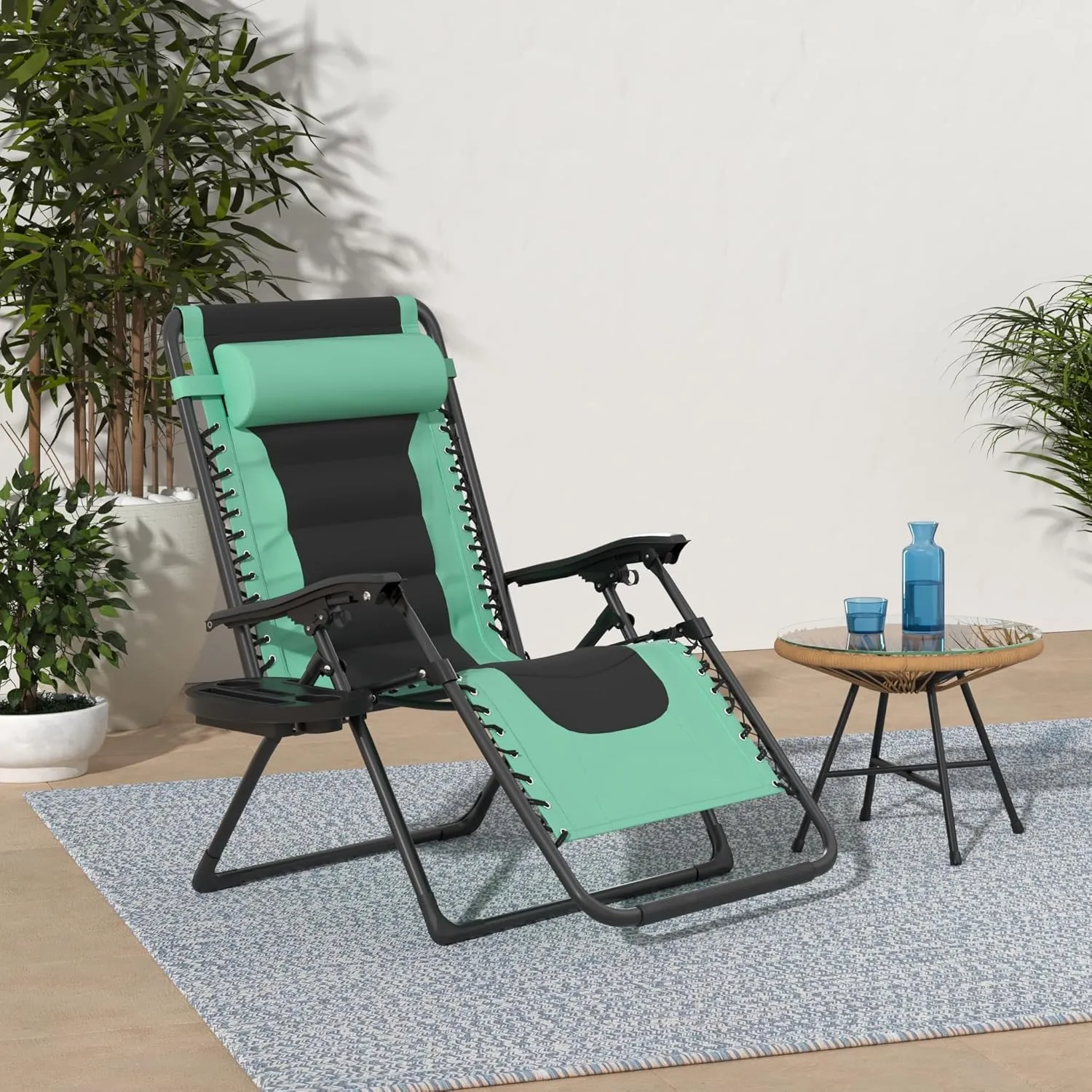 Best Choice Products Oversized Padded Zero Gravity Chair, Folding Outdoor Patio Recliner, XL Anti Gravity Lounger for Backyard w/Headrest, Cup Holder, Side Tray, Polyester Mesh - Seafoam Green/Black