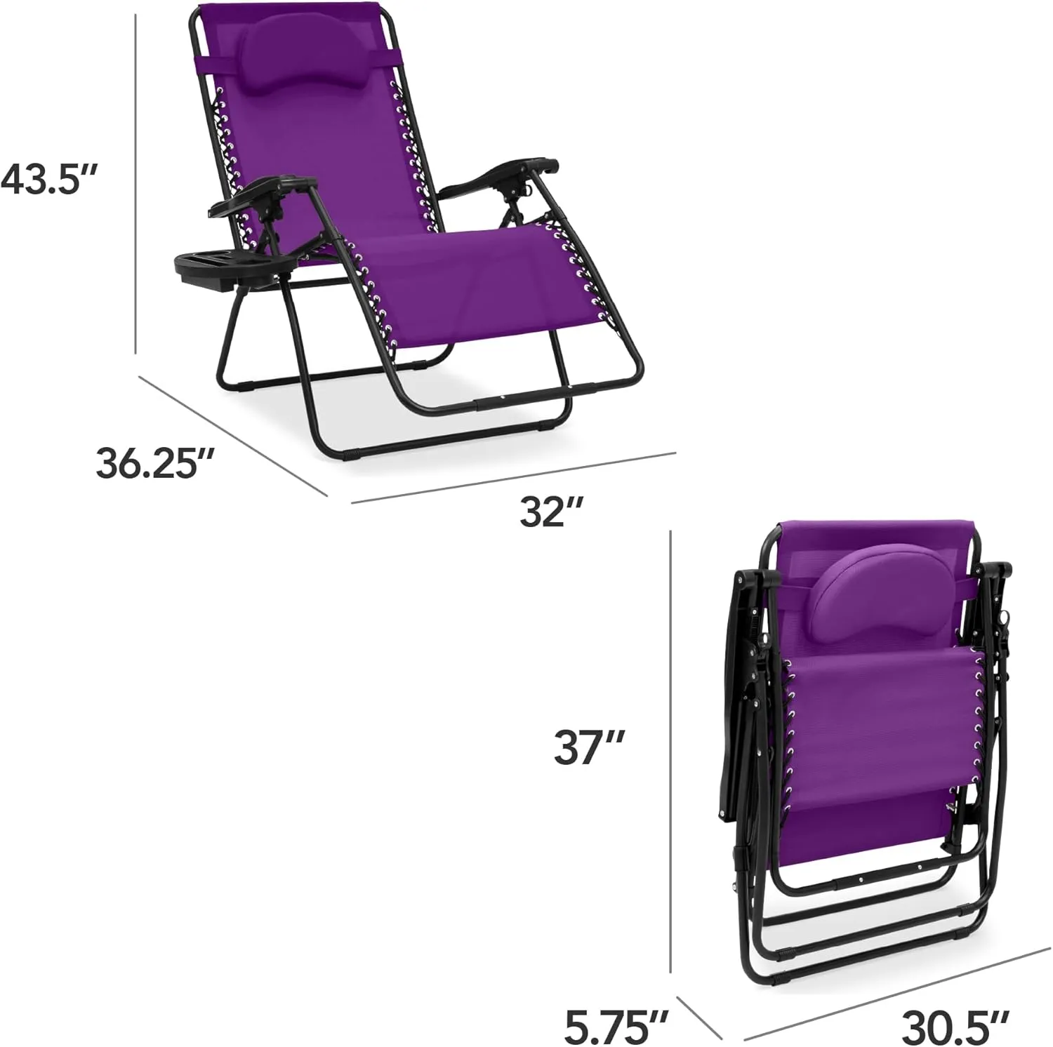 Best Choice Products Oversized Zero Gravity Chair, Folding Outdoor Patio Lounge Recliner w/Cup Holder Accessory Tray, Pillow - Amethyst Purple