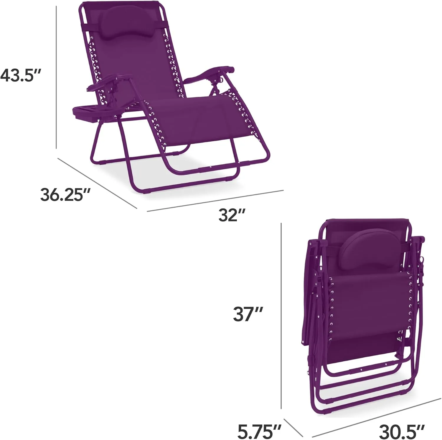 Best Choice Products Oversized Zero Gravity Chair, Folding Outdoor Patio Lounge Recliner w/Cup Holder Accessory Tray, Pillow - Amethyst