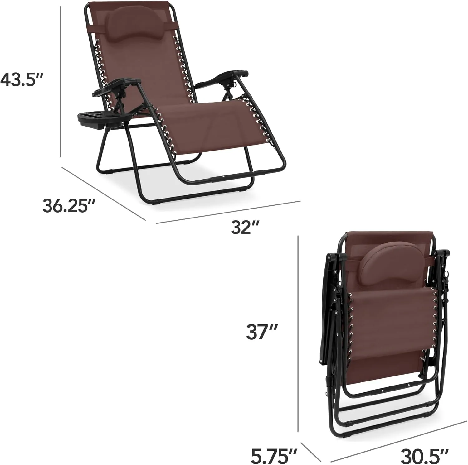 Best Choice Products Oversized Zero Gravity Chair, Folding Outdoor Patio Lounge Recliner w/Cup Holder Accessory Tray, Pillow - Brown