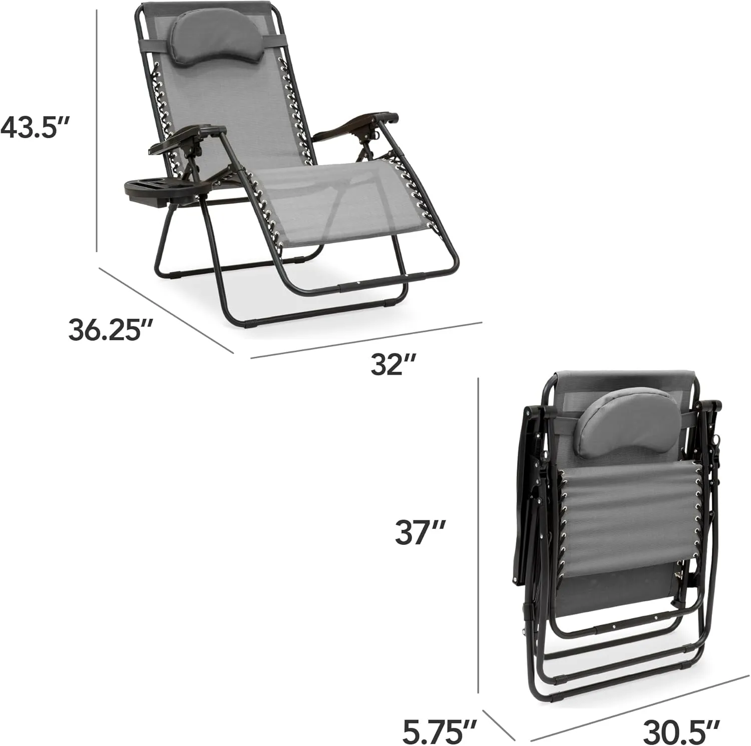 Best Choice Products Oversized Zero Gravity Chair, Folding Outdoor Patio Lounge Recliner w/Cup Holder Accessory Tray, Pillow - Gray
