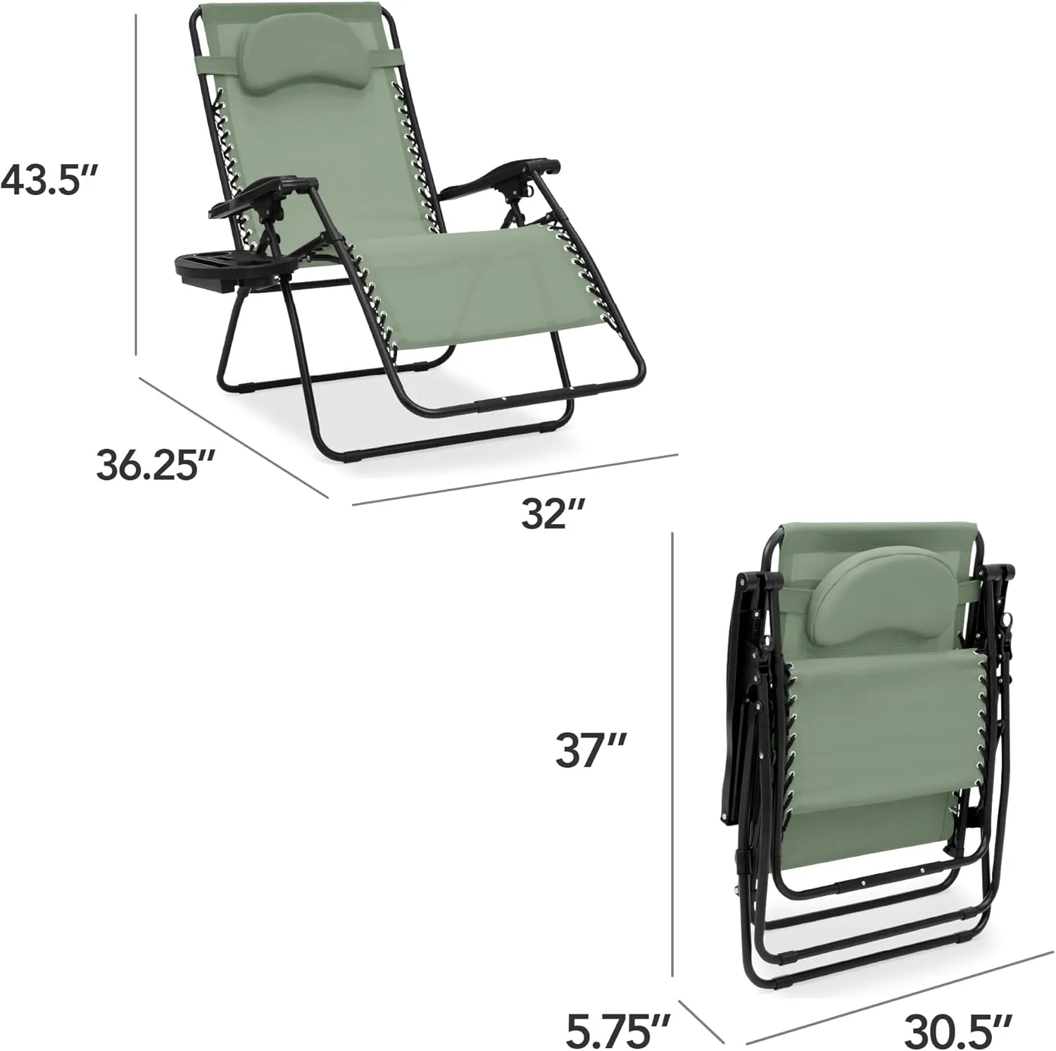 Best Choice Products Oversized Zero Gravity Chair, Folding Outdoor Patio Lounge Recliner w/Cup Holder Accessory Tray, Pillow - Sage Green