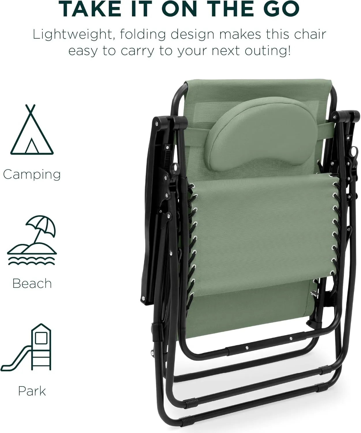 Best Choice Products Oversized Zero Gravity Chair, Folding Outdoor Patio Lounge Recliner w/Cup Holder Accessory Tray, Pillow - Sage Green