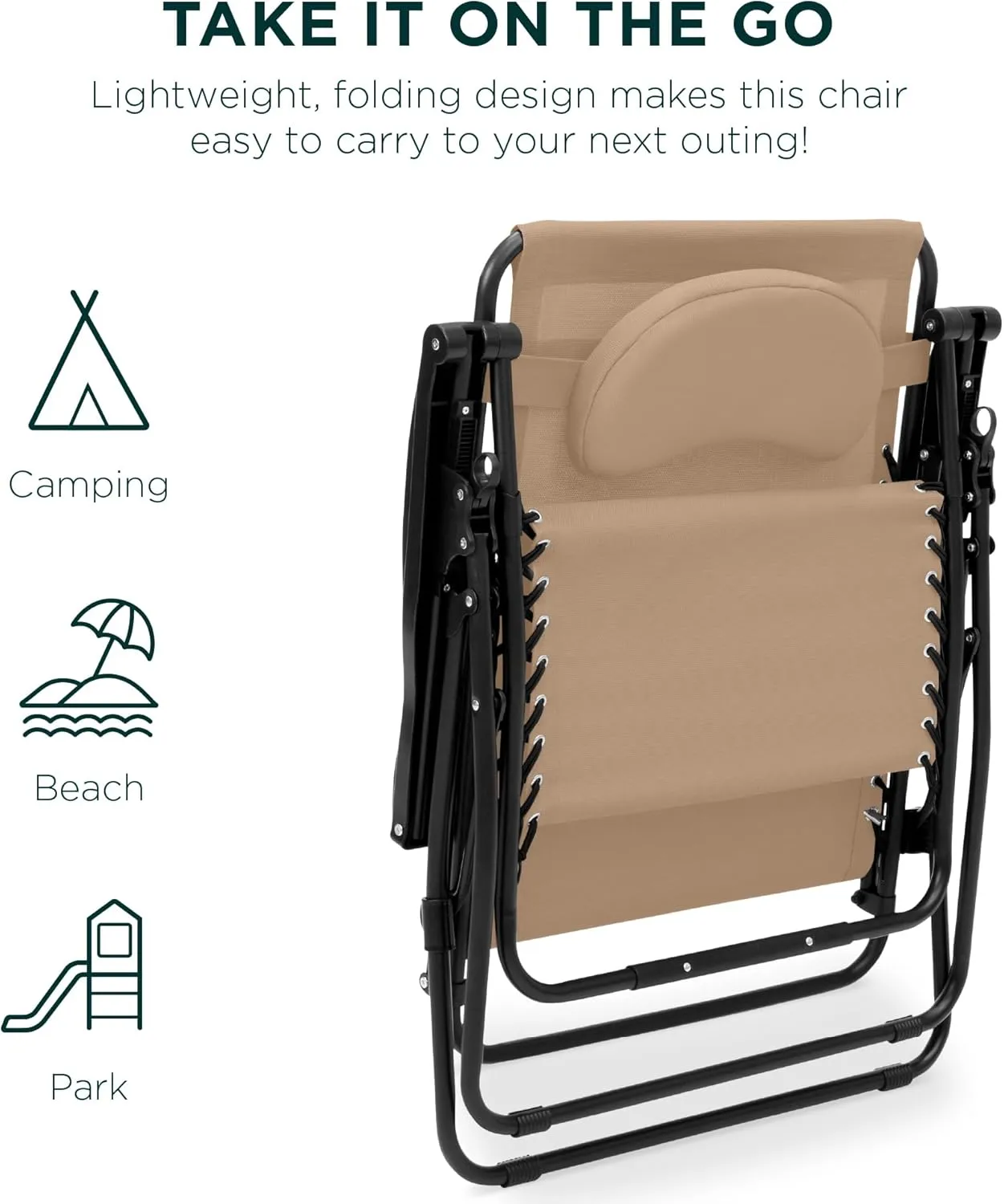 Best Choice Products Oversized Zero Gravity Chair, Folding Outdoor Patio Lounge Recliner w/Cup Holder Accessory Tray, Pillow - Sand/Black