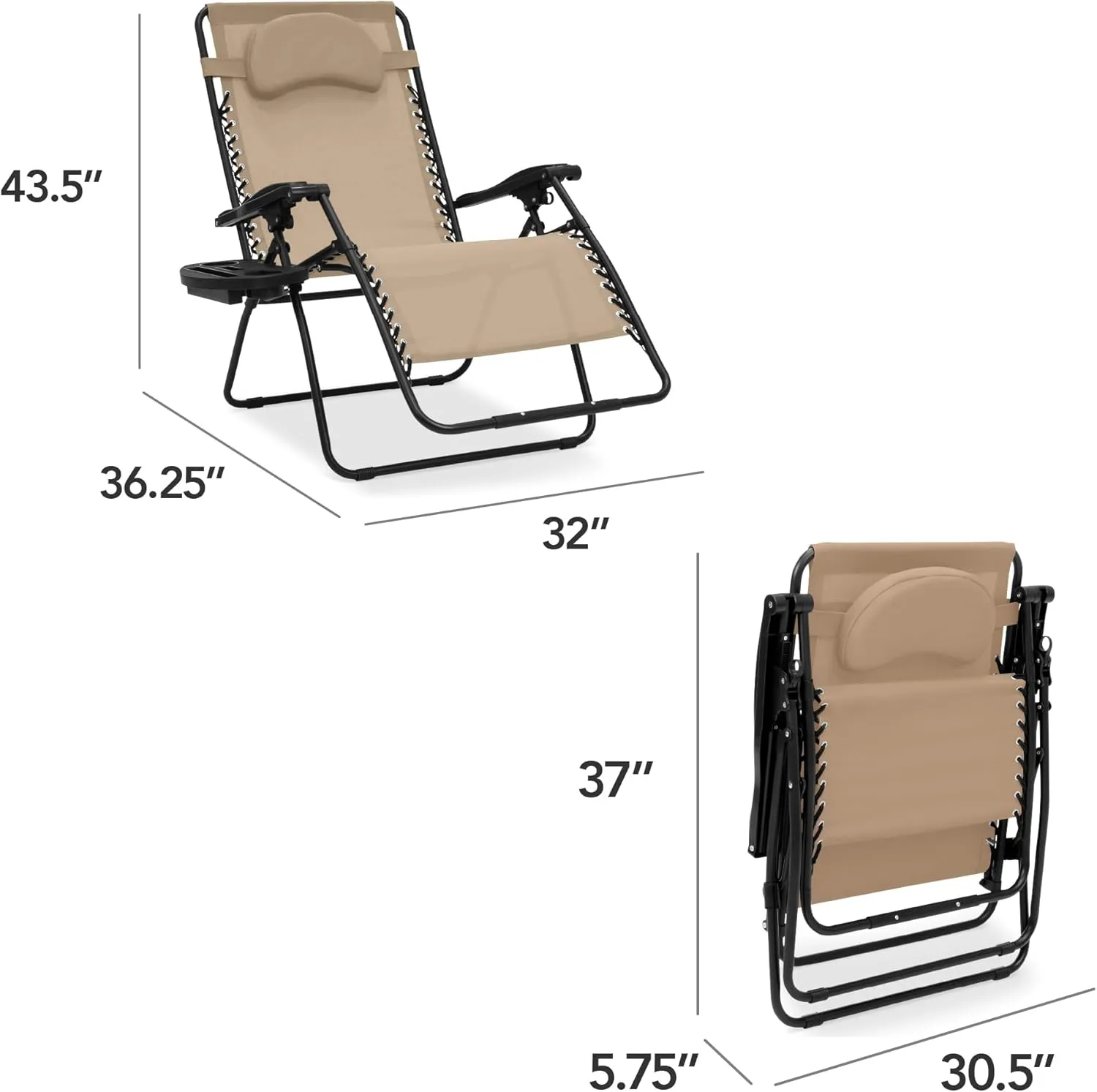 Best Choice Products Oversized Zero Gravity Chair, Folding Outdoor Patio Lounge Recliner w/Cup Holder Accessory Tray, Pillow - Sand/Black