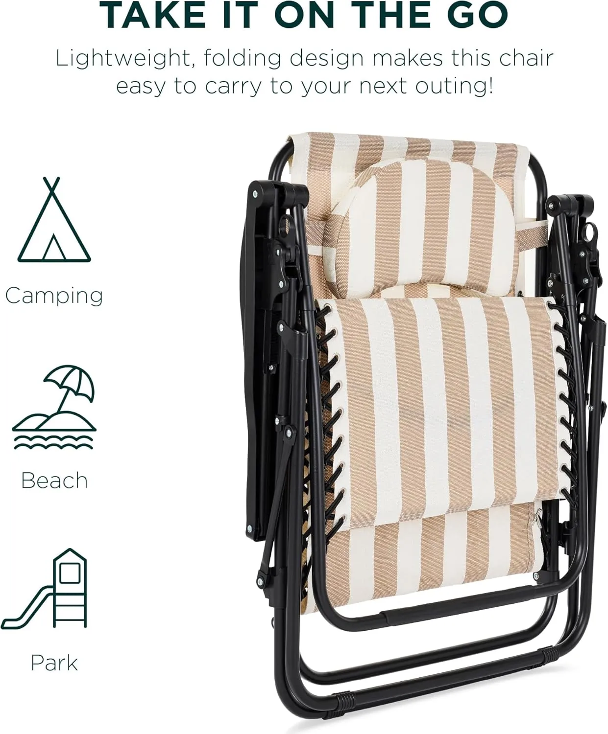 Best Choice Products Oversized Zero Gravity Chair, Folding Outdoor Patio Lounge Recliner w/Cup Holder Accessory Tray, Pillow - Tan Striped