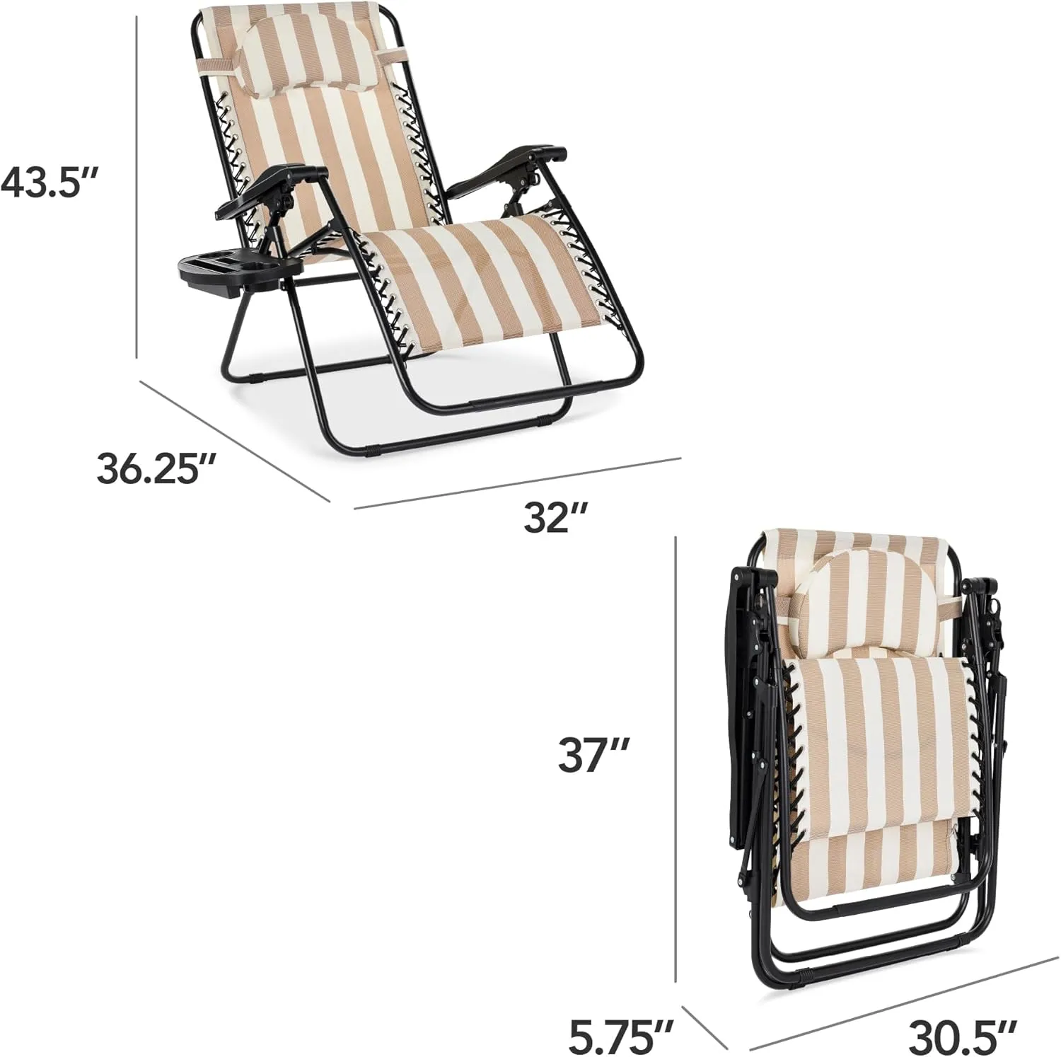 Best Choice Products Oversized Zero Gravity Chair, Folding Outdoor Patio Lounge Recliner w/Cup Holder Accessory Tray, Pillow - Tan Striped