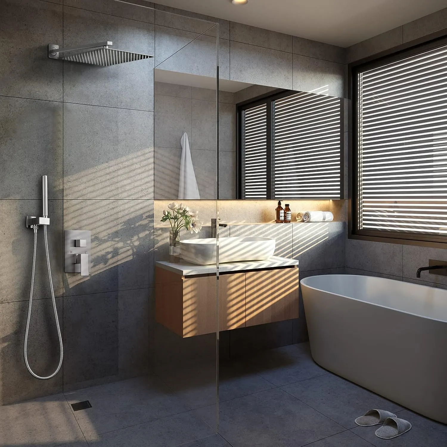 BESy Shower System with 12 Inch Rain Shower Head and Handheld Wall Mounted, High Pressure Rainfall Shower Faucet Fixture Combo Set with 2 in 1 Handheld Showerhead for Bathroom, Brushed Nickel