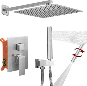 BESy Shower System with 12 Inch Rain Shower Head and Handheld Wall Mounted, High Pressure Rainfall Shower Faucet Fixture Combo Set with 2 in 1 Handheld Showerhead for Bathroom, Brushed Nickel