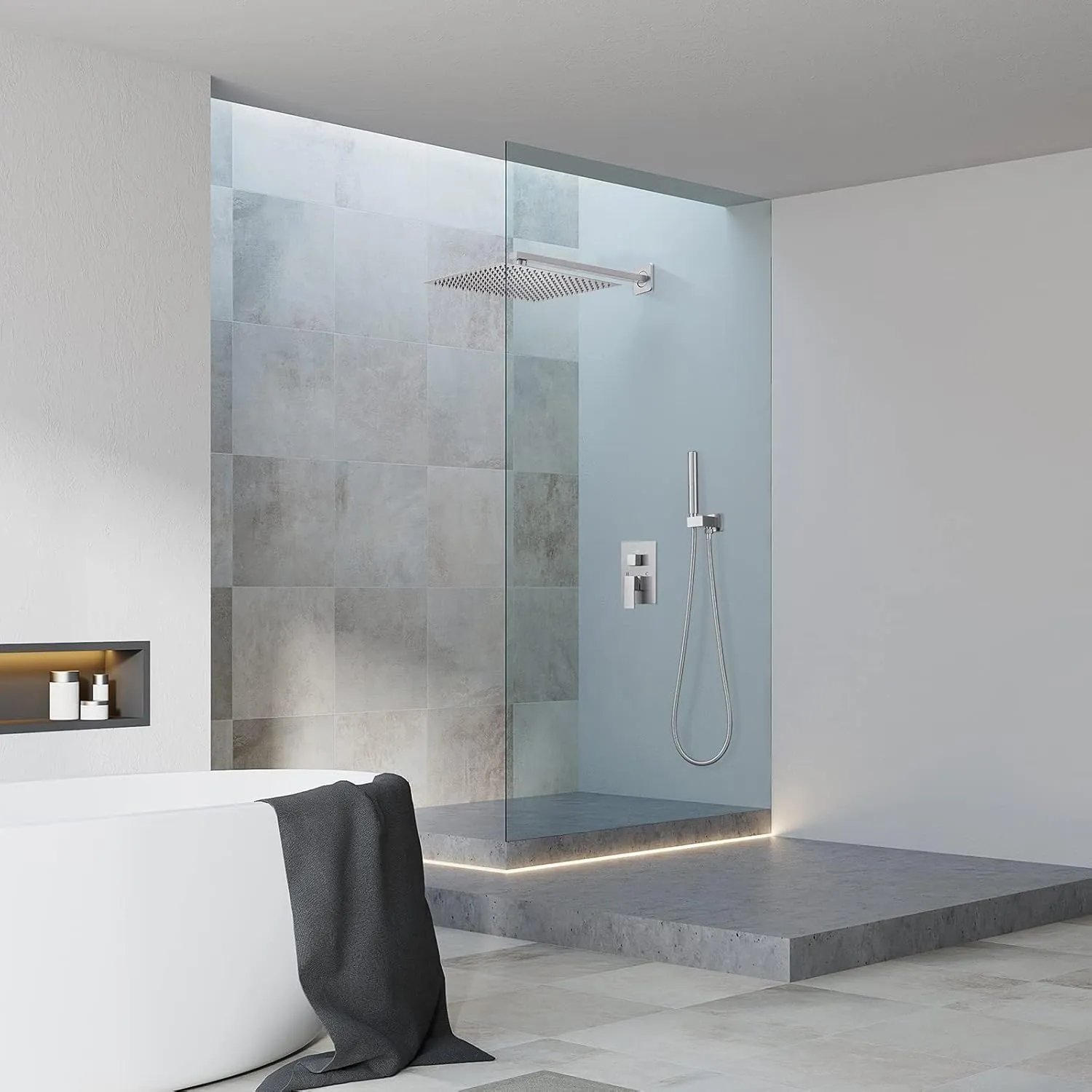 BESy Shower System with 12 Inch Rain Shower Head and Handheld Wall Mounted, High Pressure Rainfall Shower Faucet Fixture Combo Set with 2 in 1 Handheld Showerhead for Bathroom, Brushed Nickel