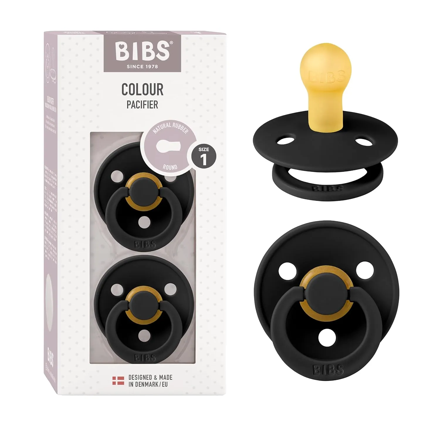 BIBS Pacifiers Colour Collection | Natural Rubber Baby Pacifier | Set of 2 BPA-Free Soothers | Made in Denmark | 0  Months (Pack of 2) | Black