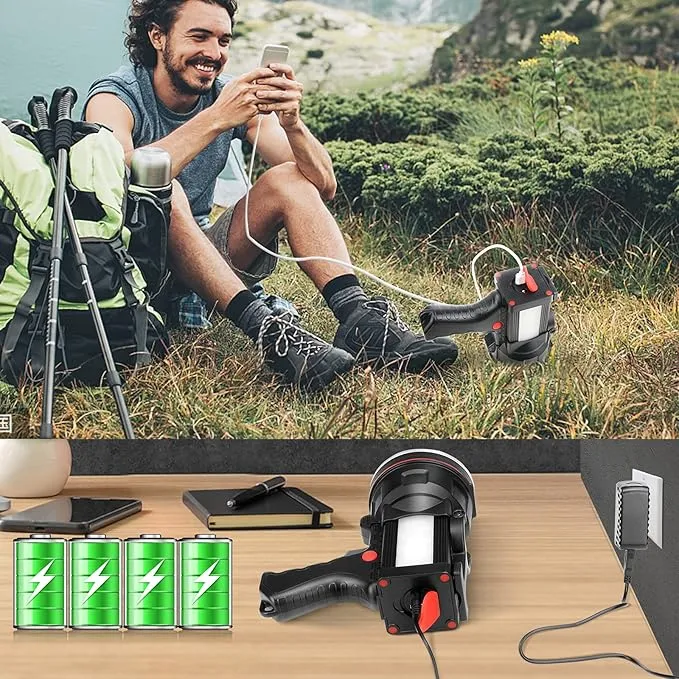 BIGSUN Bright Rechargeable Flashlight, Handheld 12800mAh High Power LED Spotlight Power Display Searchlight with Lantern and Power Bank Function for Home Security, Camping, Boating, Hunting