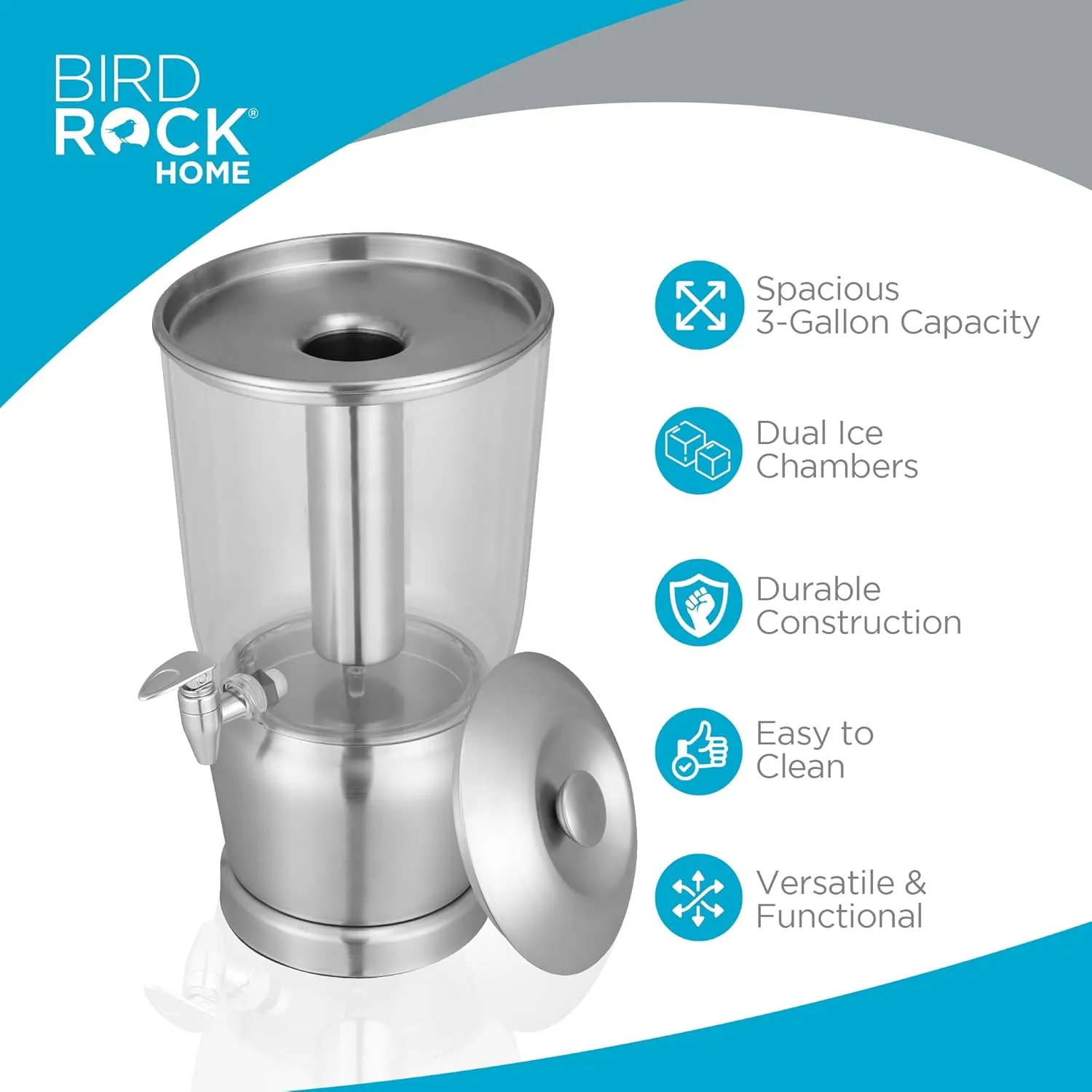BIRDROCK HOME 3 Gallon Stainless Steel Beverage Dispenser with Ice Container, Spigot - Round - Lemonade Sangria Tea Water Drink Jar Jug - Home Parties - BPA Free Clear Acrylic