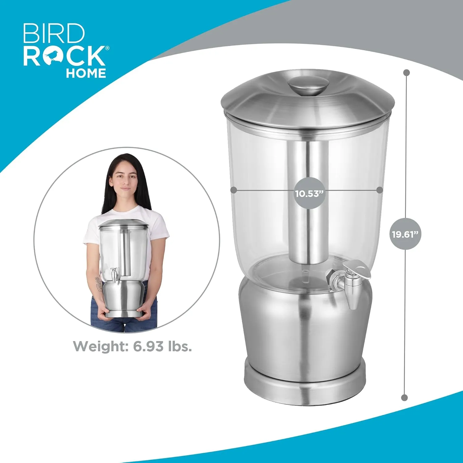 BIRDROCK HOME 3 Gallon Stainless Steel Beverage Dispenser with Ice Container, Spigot - Round - Lemonade Sangria Tea Water Drink Jar Jug - Home Parties - BPA Free Clear Acrylic