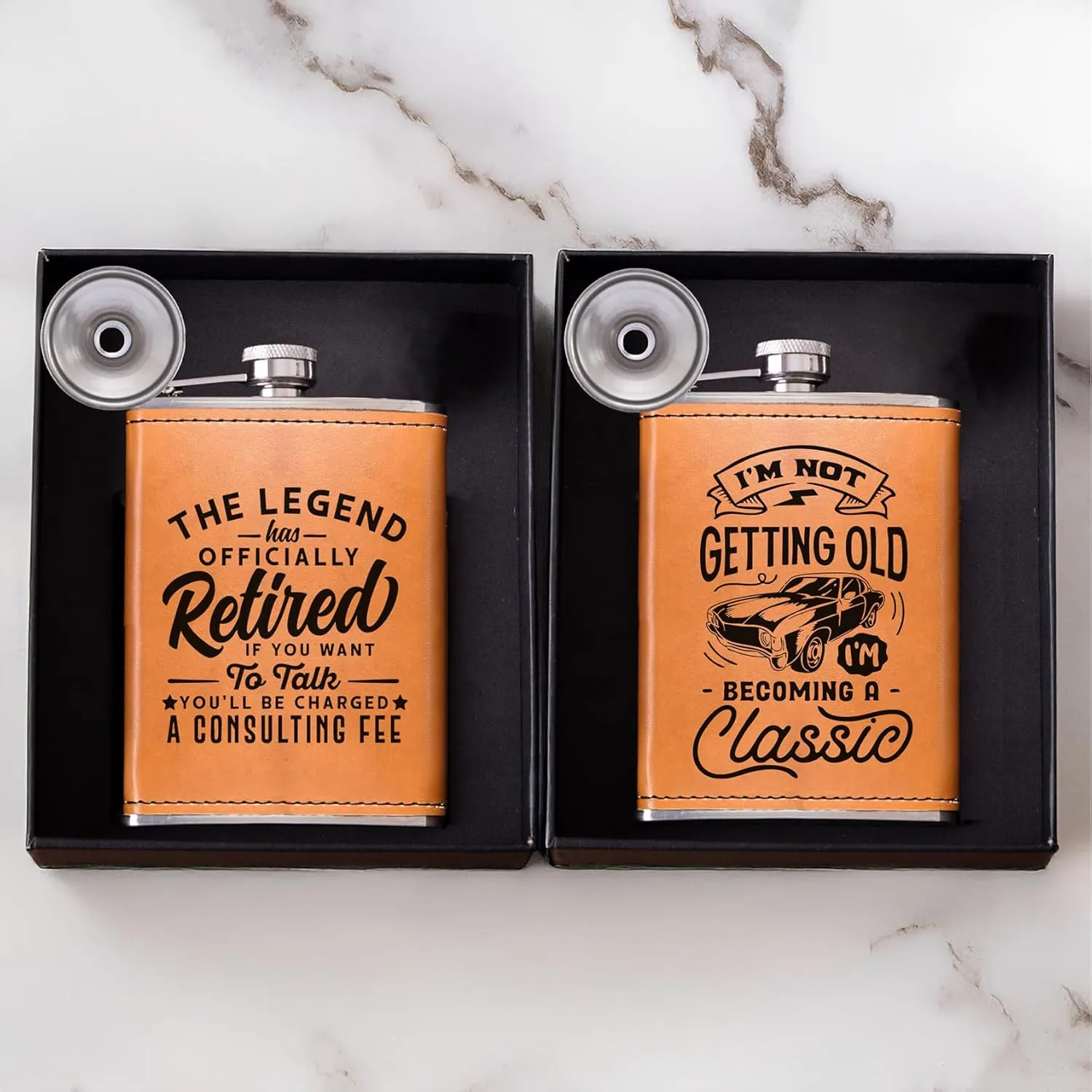 Birthday Gifts for Men, Dad Birthday Gift, Flask for men, 8oz Leather Flask with Funnel, 304 Stainless Steel Whiskey Flask for Dad, Retirement Gifts for Men (Retire1)